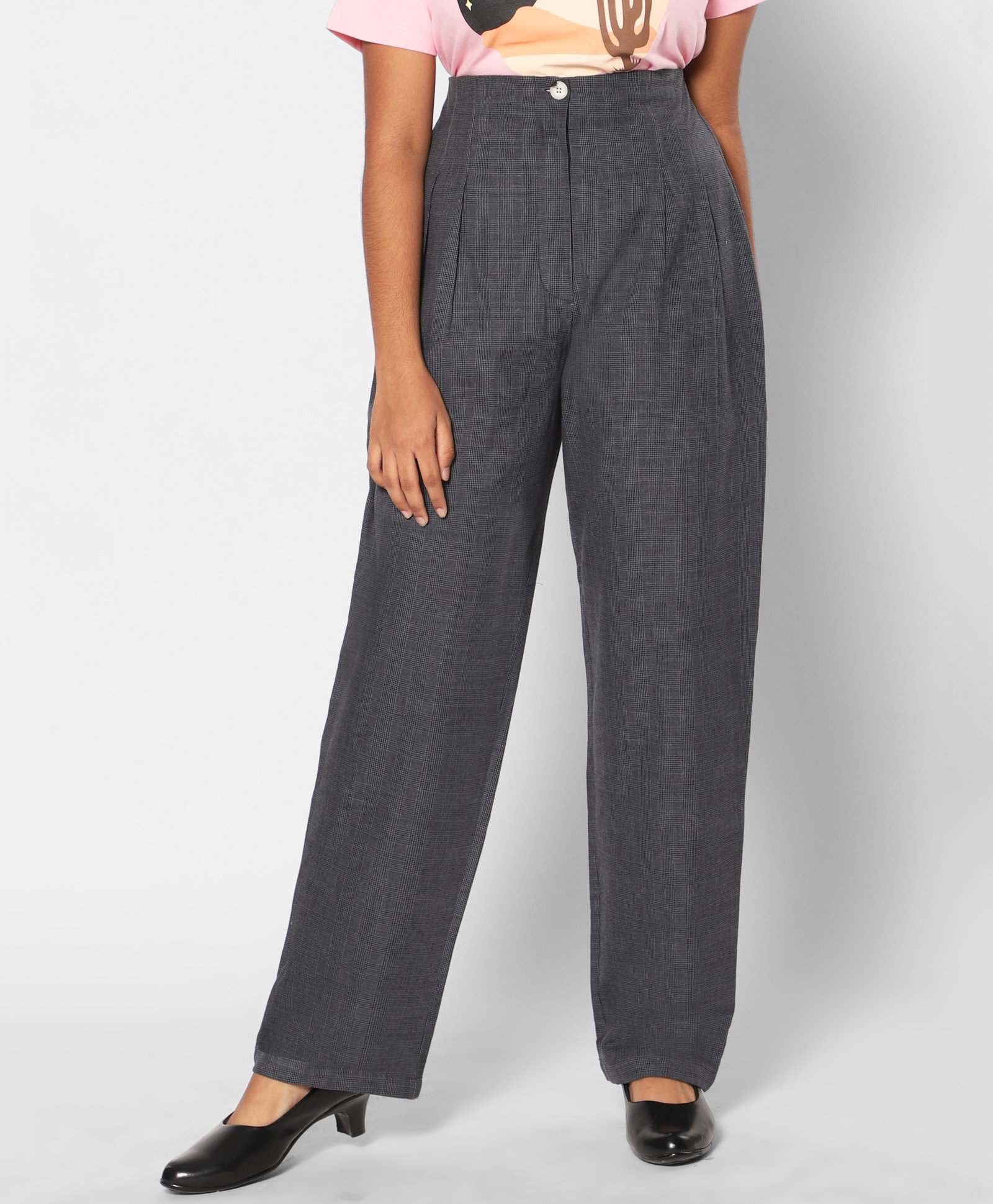 TeenTrums 100% Cotton High Waist Checked Trousers - Grey-picture-25