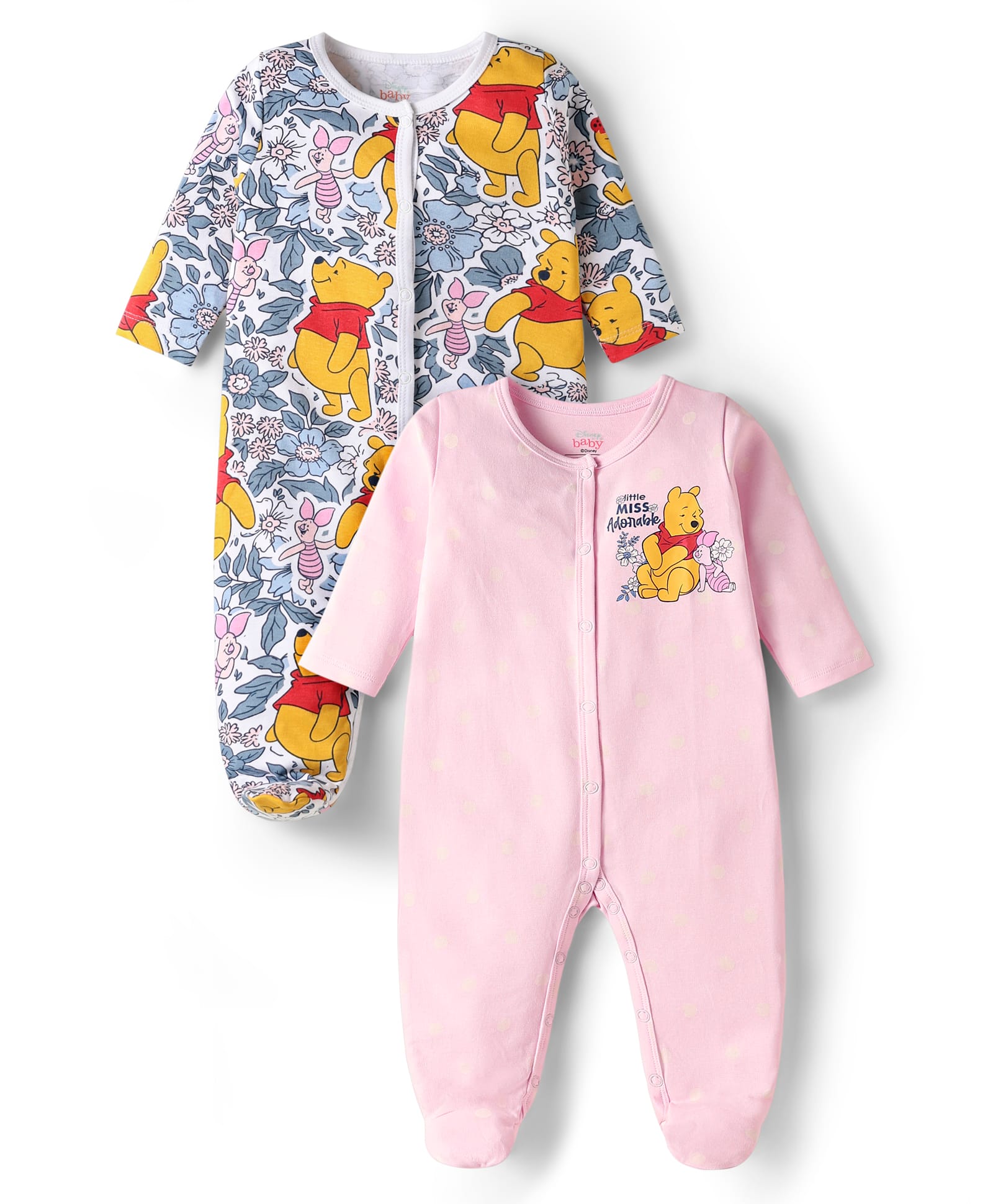 Babyhug Disney Interlock Knit Full Sleeves Footed Sleep Suits With Winnie The Pooh Graphics Pack of 2 - Baby Pink & White-image-46