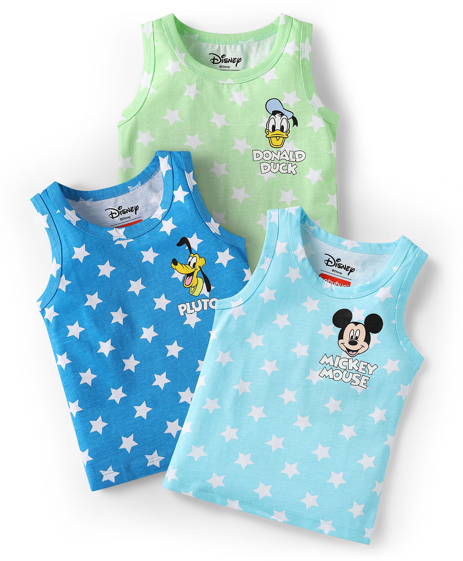 Babyhug Disney Single Jersey Knit Sleeveless Vests With Mickey Mouse & Family Graphics Pack Of 3 - Light Blue Blue & Light Green-image-46