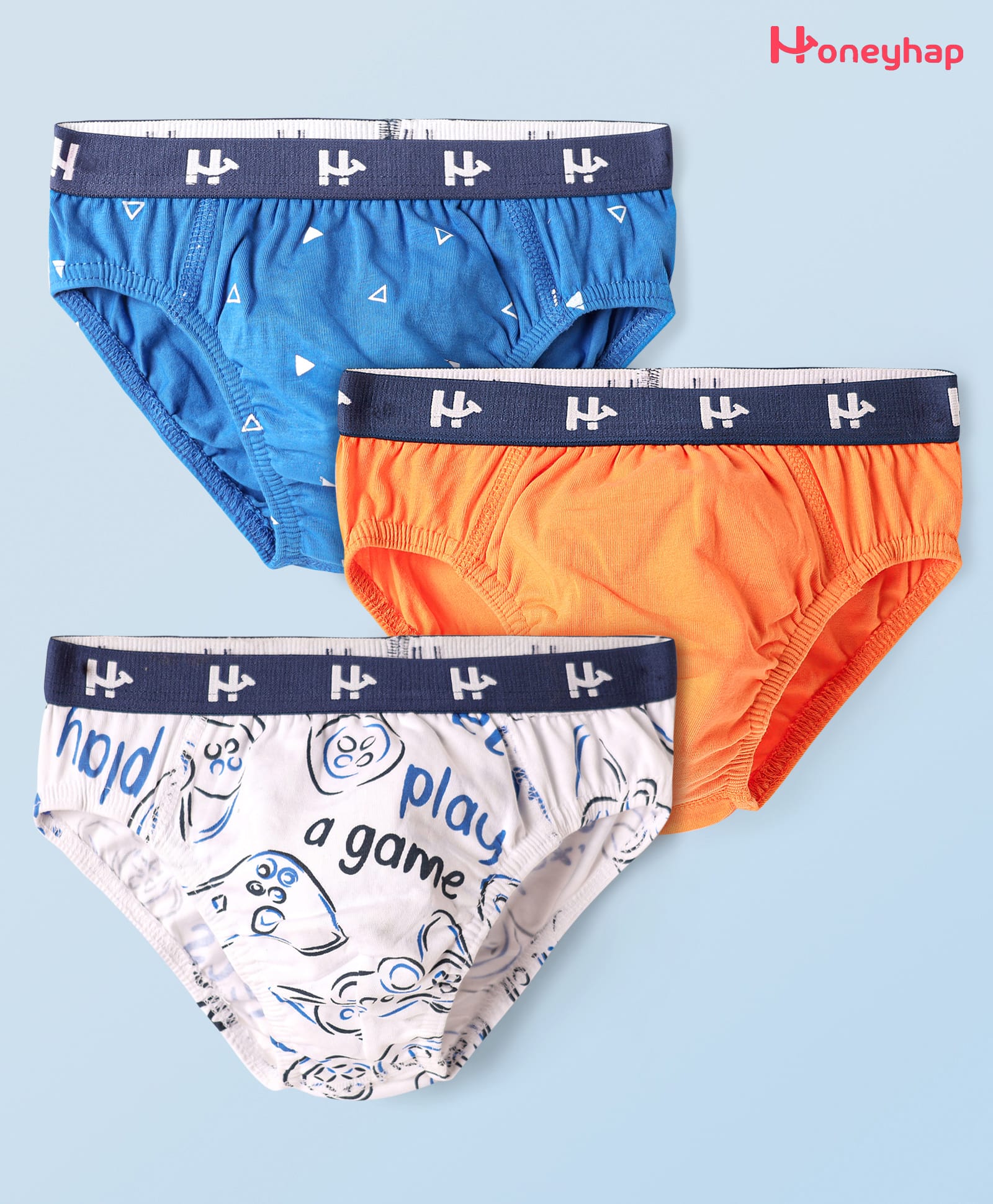 Honeyhap Premium Cotton Knit Bio Finish Briefs with Text Print Pack of 3 - Skydiver Tangerine & Bright White-picture-19