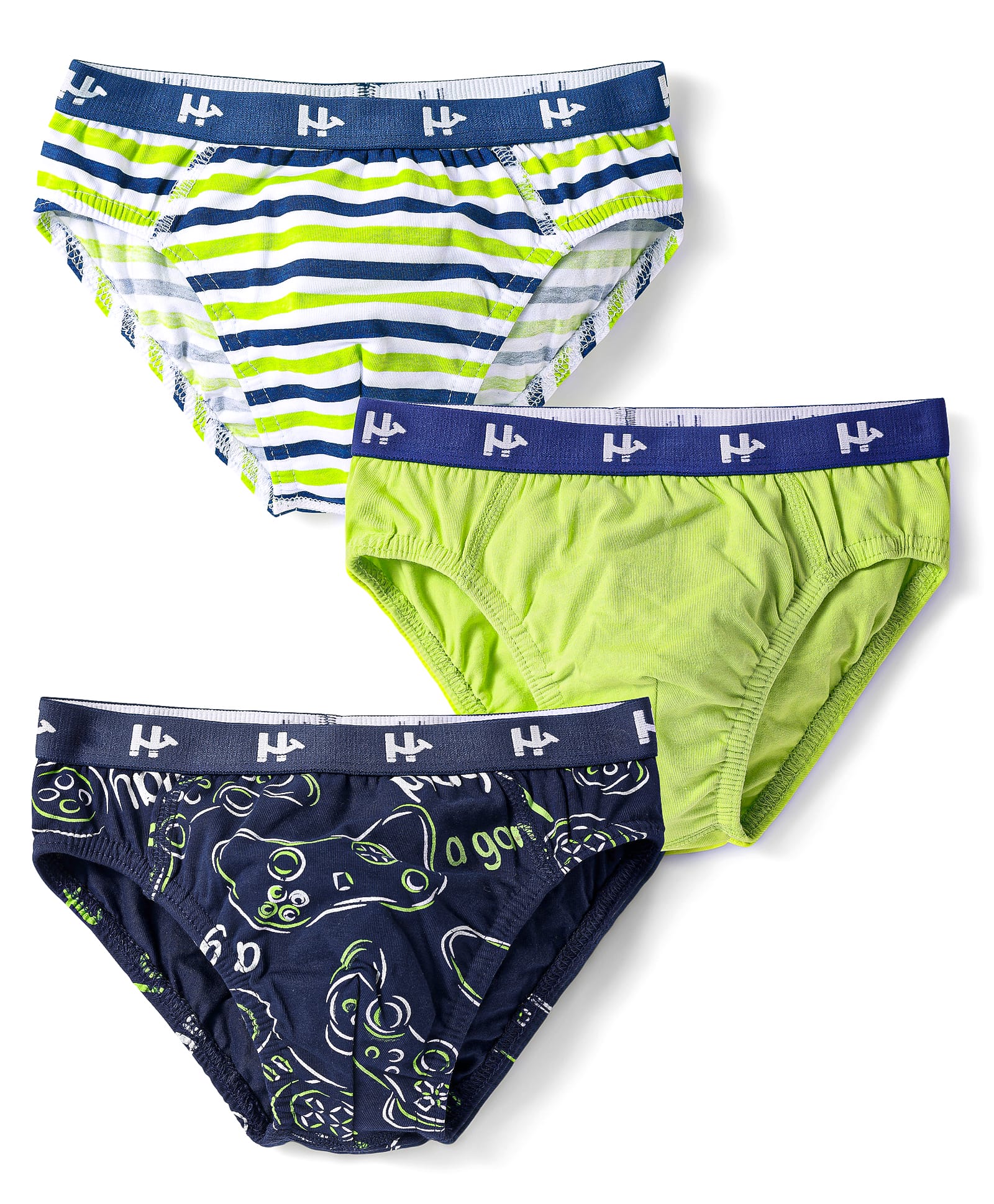 Honeyhap Premium 100% Cotton Knit Bio Finish Briefs with Stripes Print Pack of 3 - Navy Peony Kiwi Colada & Bright White-image-13