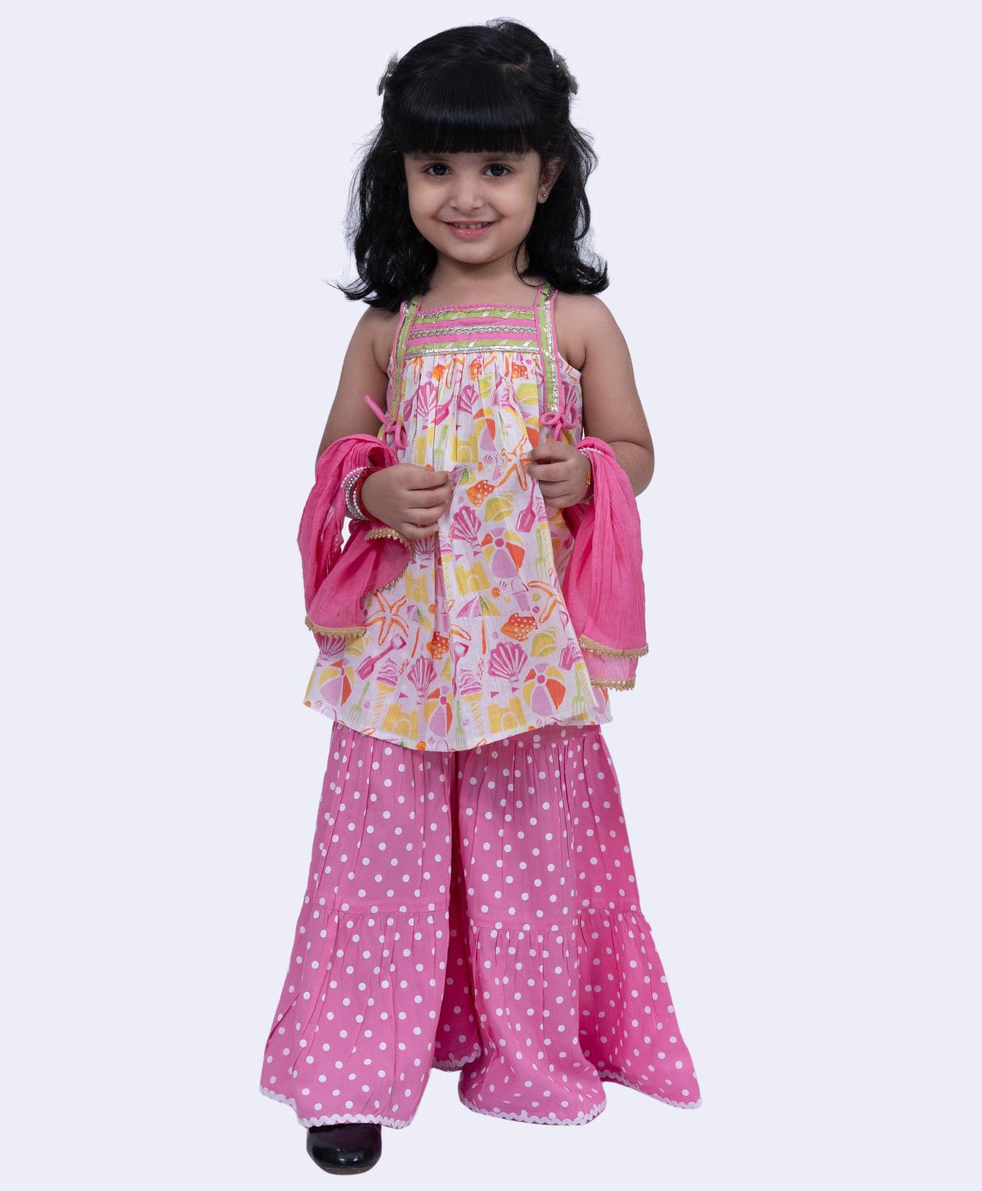 Twisha Cotton Sleeveless Gota Lace Embellished Beach Theme Printed Top With Polka Dots Printed Sharara & Dupatta Set - White & Pink-image-6