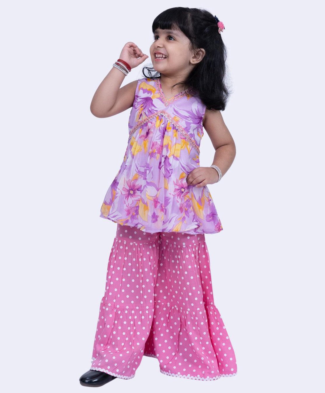Twisha Sleeveless Floral Printed & Lace Embellished Top With Sharara Set - Mauve & Pink-image-10