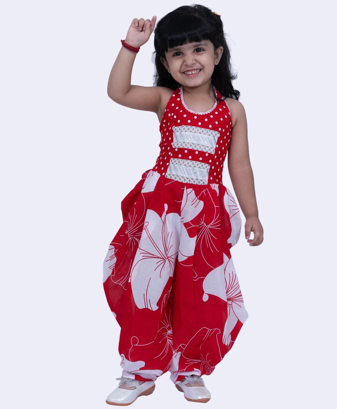 Twisha Cotton Sleeveless Floral & Polka Dots Printed Jumpsuit - Red & White-image-19