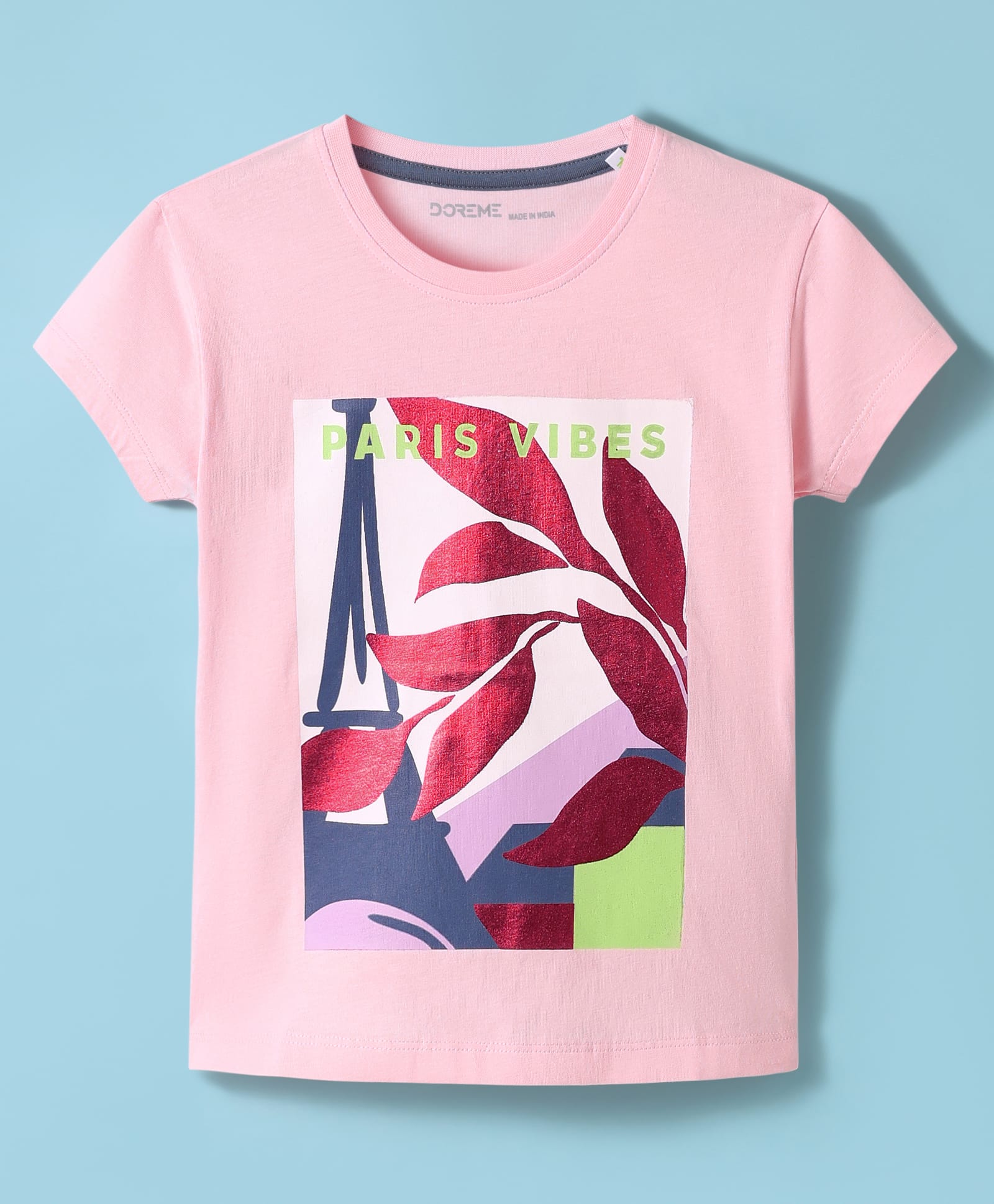 doreme DoremeSingle Jersey Knit Half Sleeves T-Shirt With Paris Is Vibe Text & Foil Print - Pink-picture-11