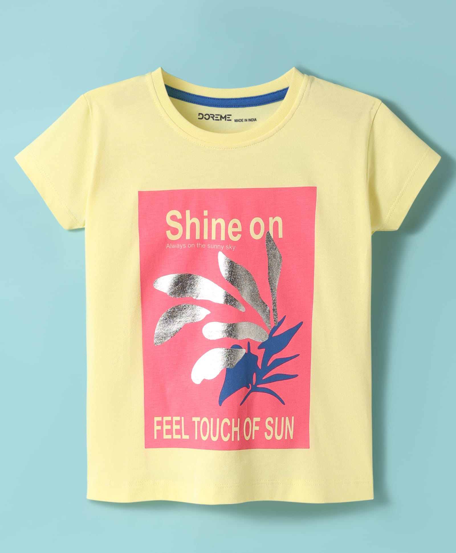 DoremeSingle Jersey Knit Half Sleeves T-Shirt With Shine On Text & Foil Print - Yellow-image-23