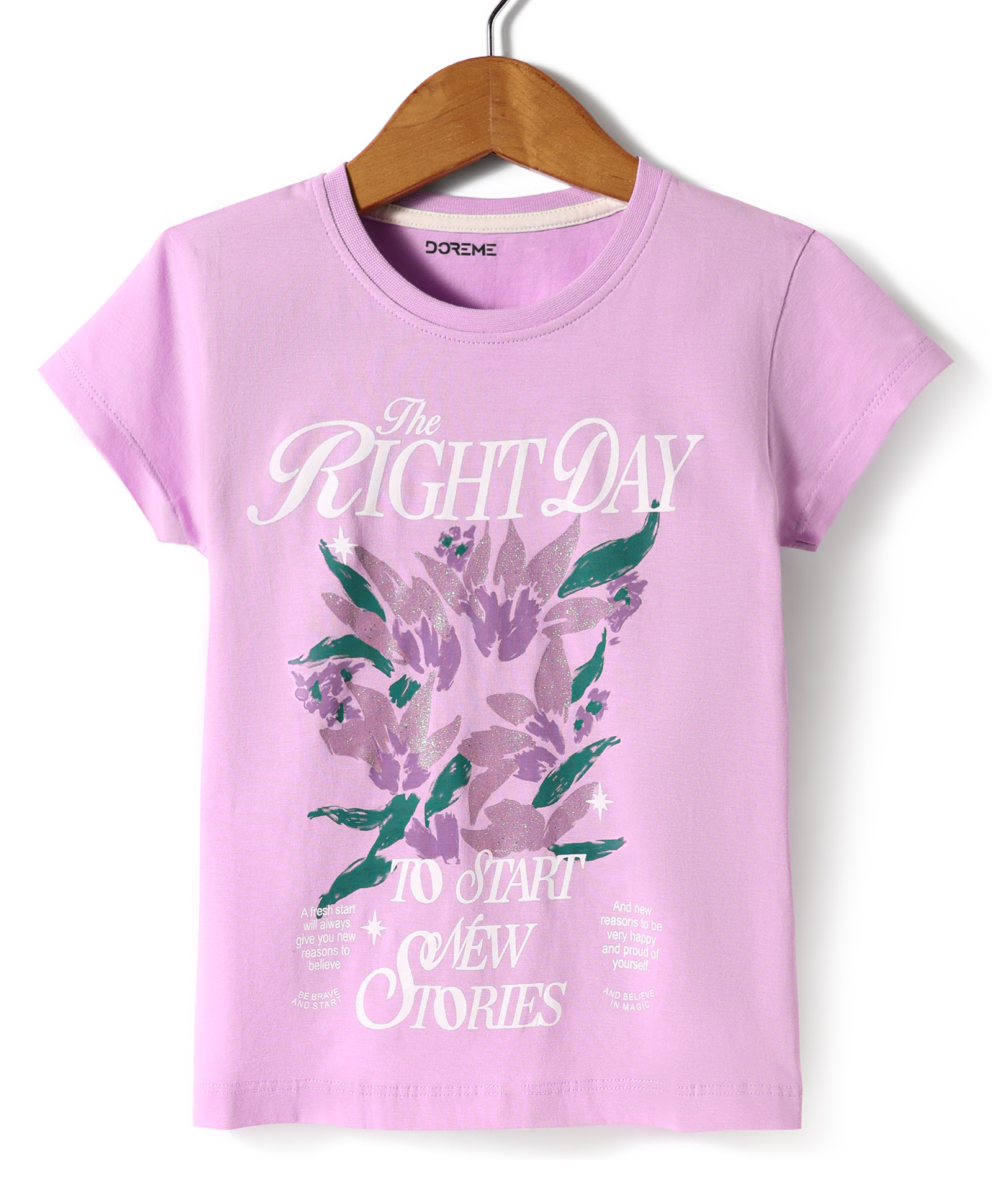 Doreme Single Jersey Knit Half Sleeves T-Shirt With The Right Day Text Print - Lilac-image-24