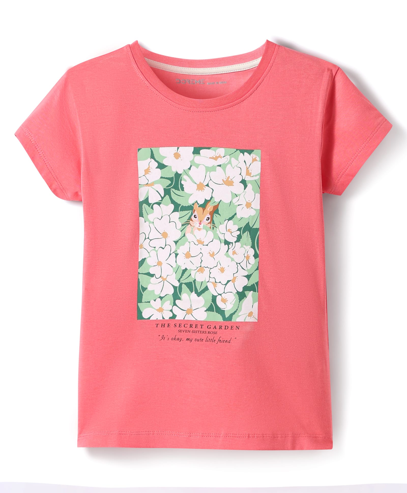 Doreme Single Jersey Knit Half Sleeves T-Shirt with Floral Print - Coral-image-17