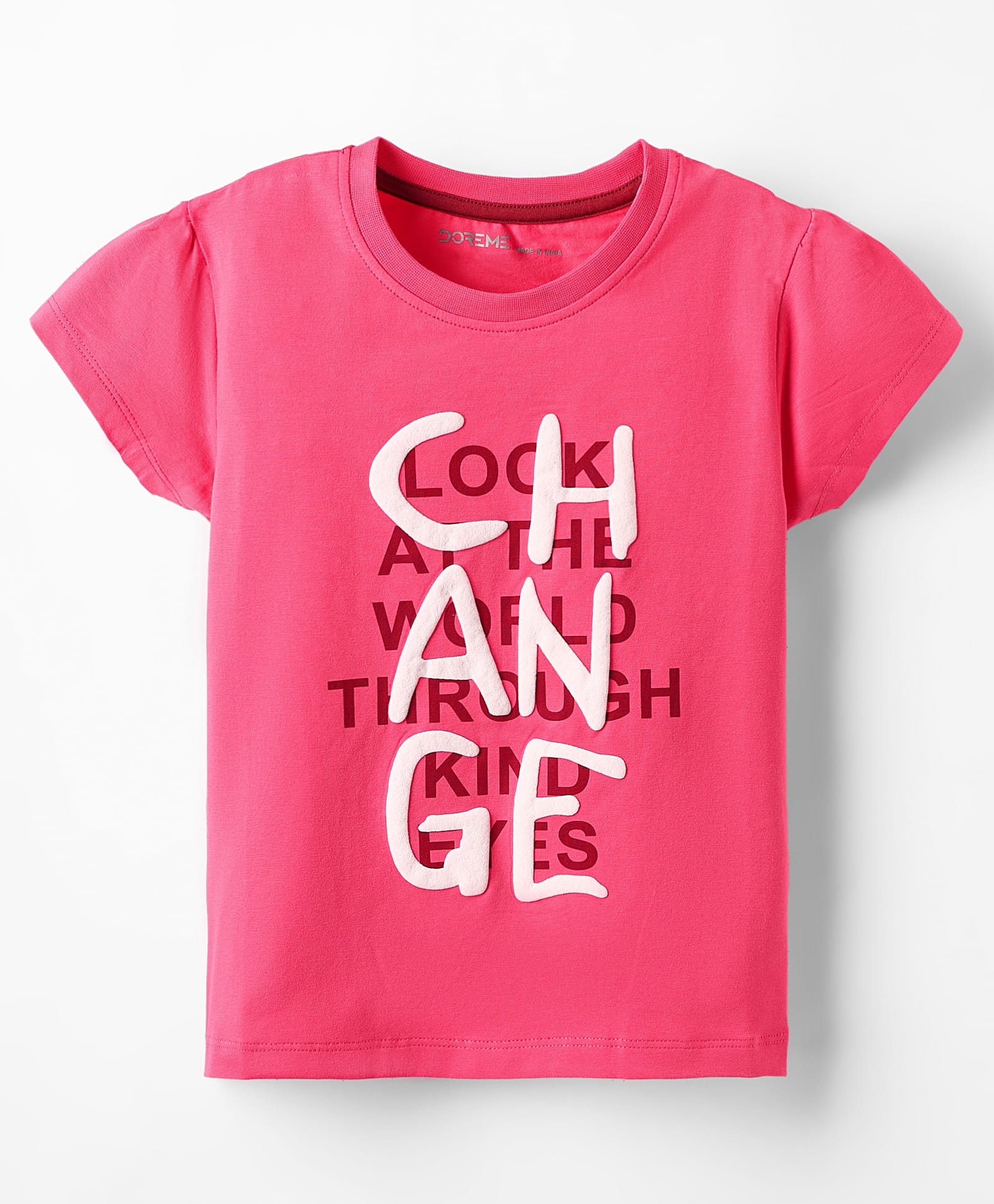 Doreme Single Jersey Knit Half Sleeves T-Shirt with Text Puff Print - Dark Pink-image-32