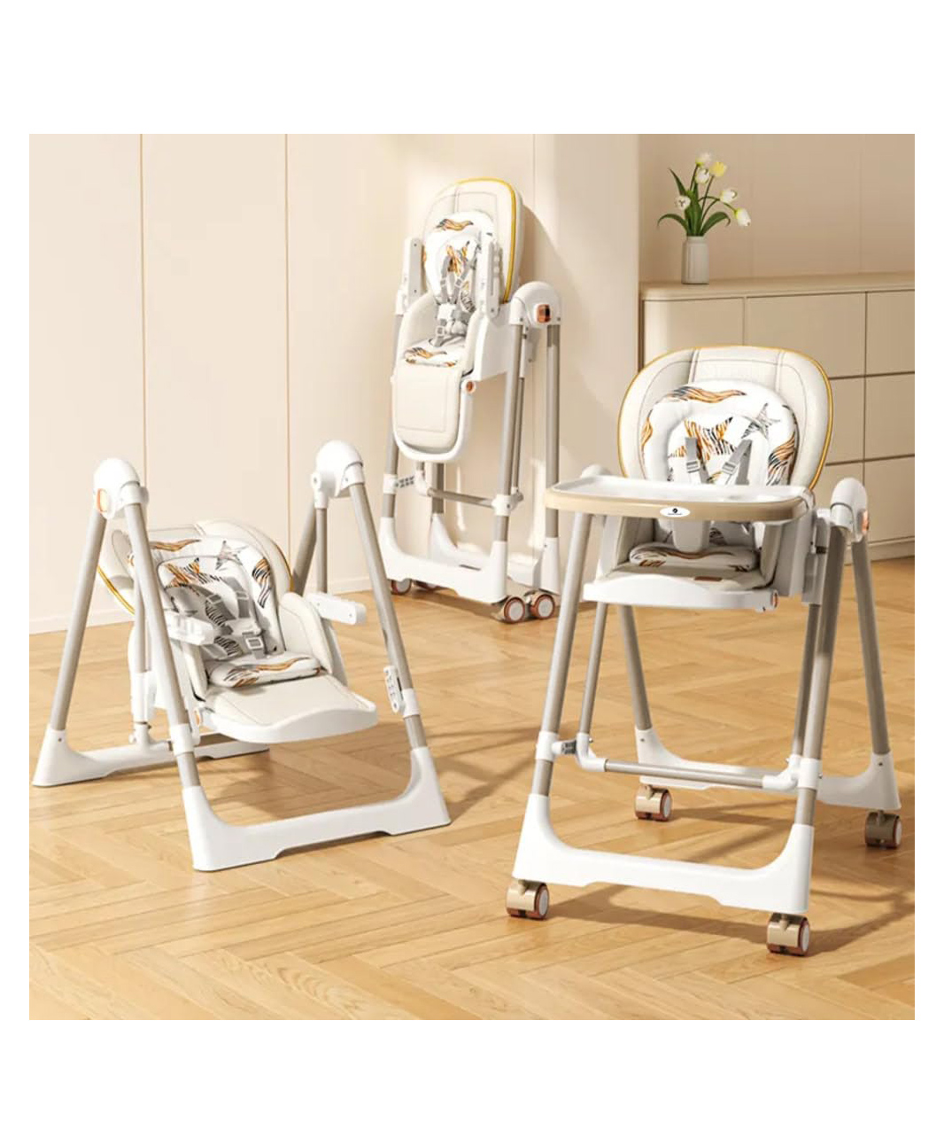 StarAndDaisy Galaxy 2 in1 Rocking Baby High Chair for Boys and Girls Dining Chair 4 Level Reclining Position, Adjustable Height, Locking Wheels, 5 Point Safety Belt (Brown)-image-35