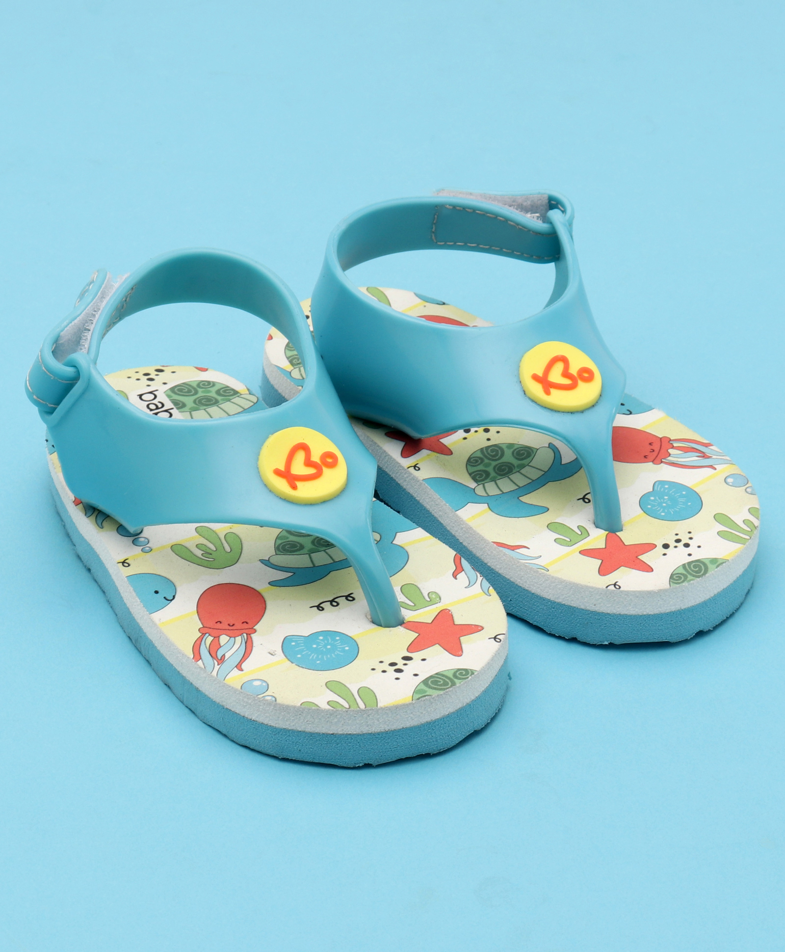 Babyoye Flip Flops with Velcro Closure & Sea Life Theme Print - Sky Blue & White