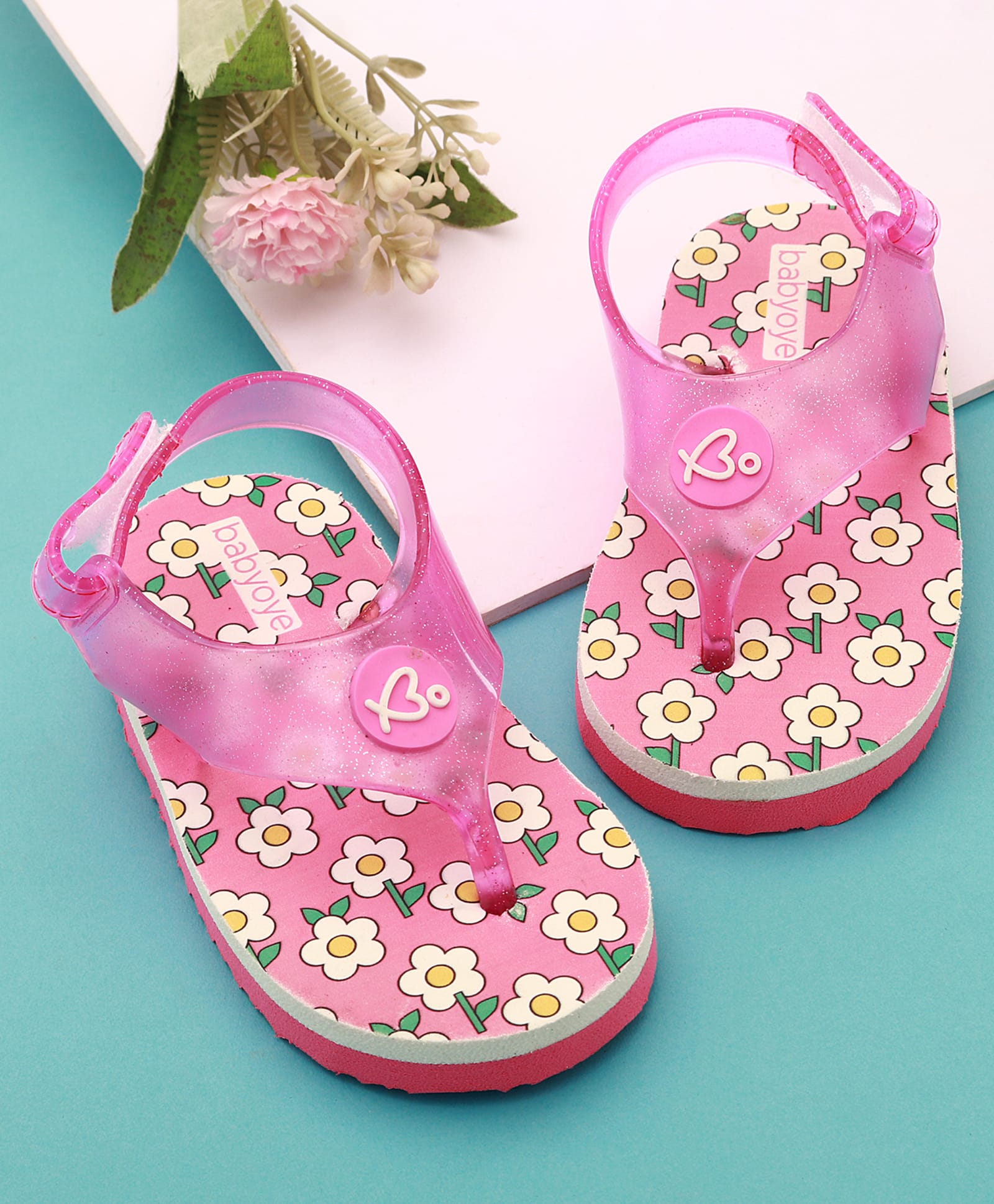 Babyoye Velcro Closure Flip Flops With Floral Print - Pink-picture-13