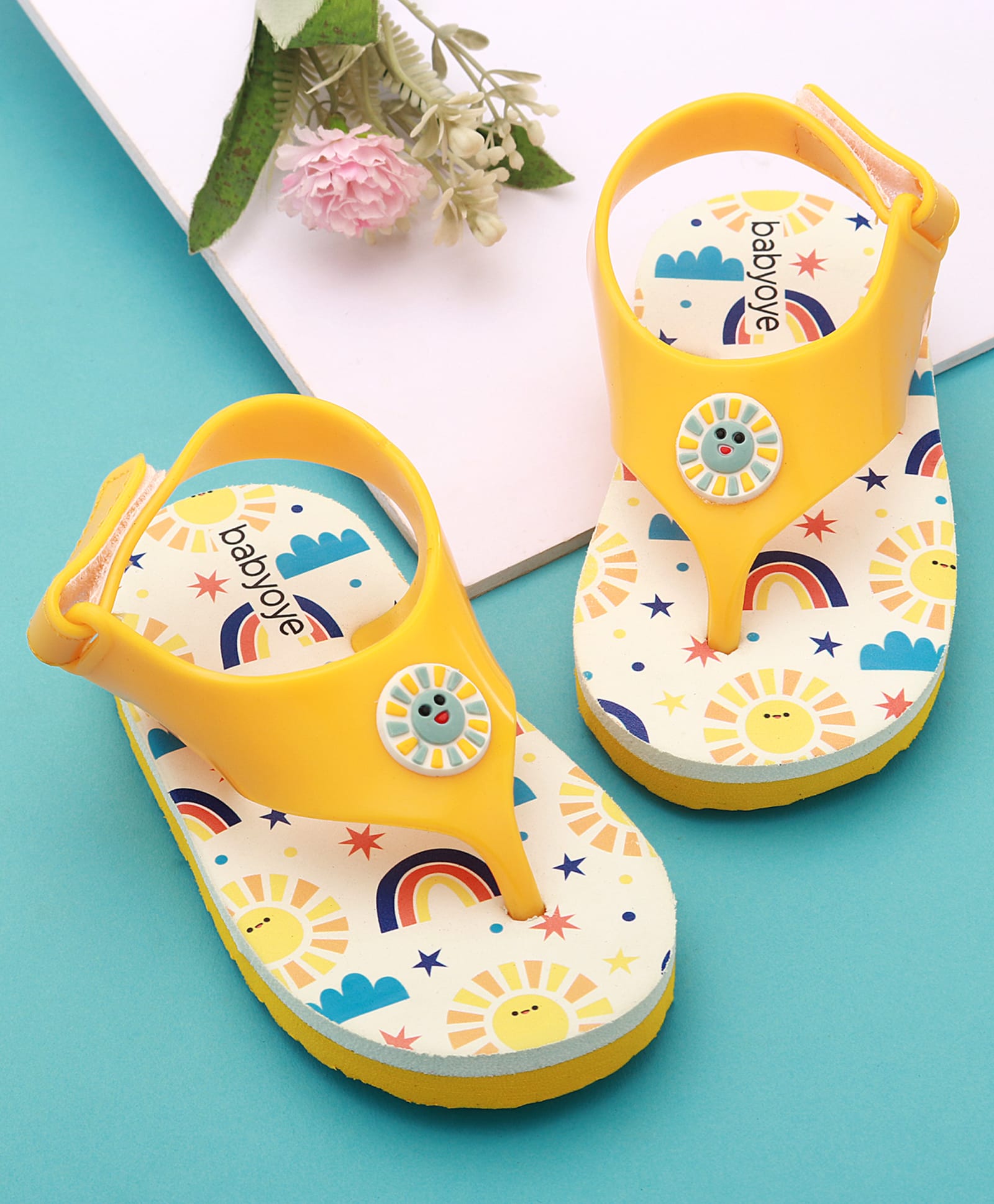 Babyoye Velcro Closure Flip Flops With Rainbow Print - Yellow