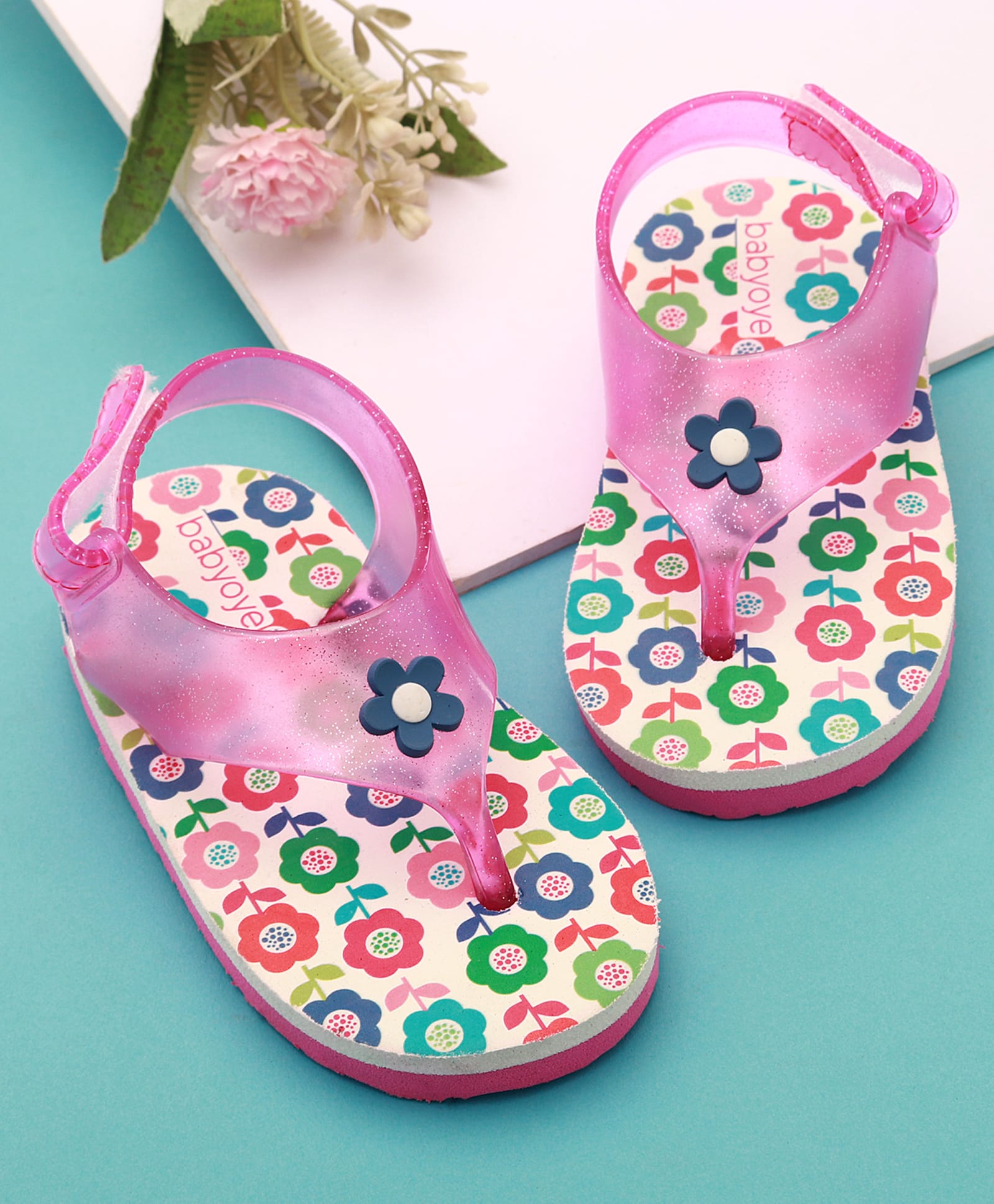 Babyoye Velcro Closure Flip Flops With Floral Print - Pink-picture-22