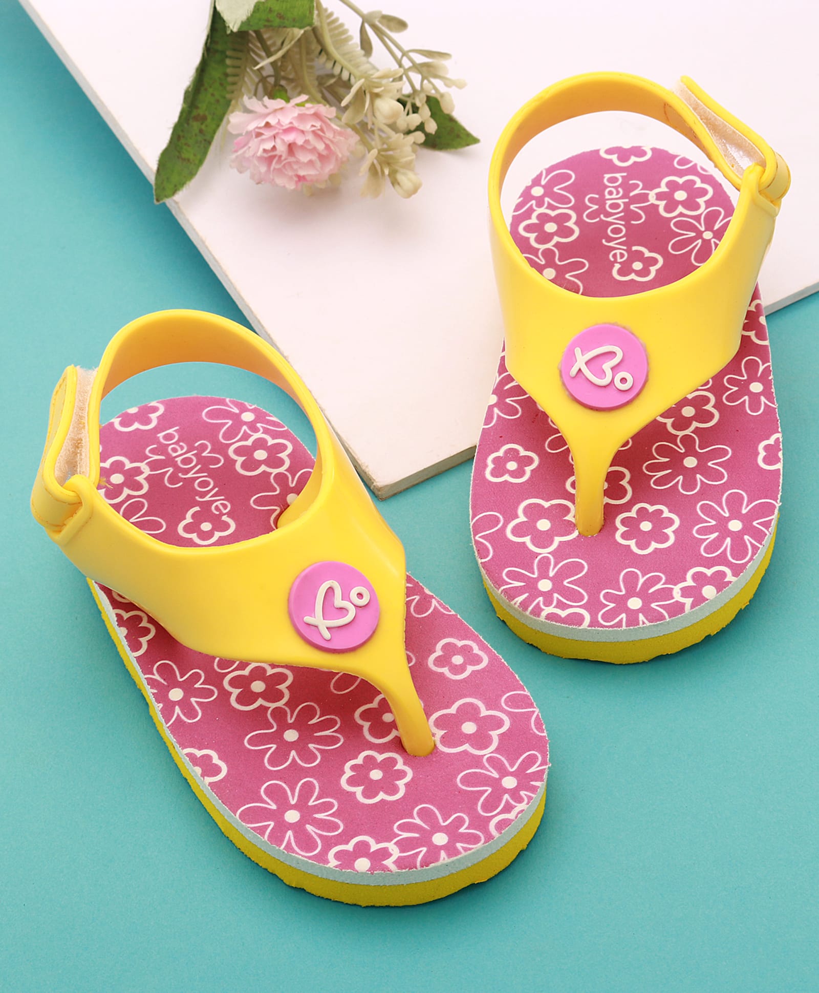 Babyoye Velcro Closure Flip Flops With Floral Print - Yellow & Lilac-image-1