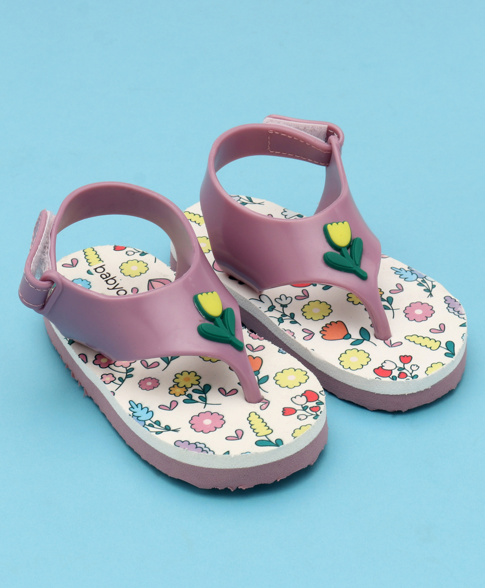 Babyoye Flip Flops with Velcro Closure & Floral Print - Purple & White-image-35