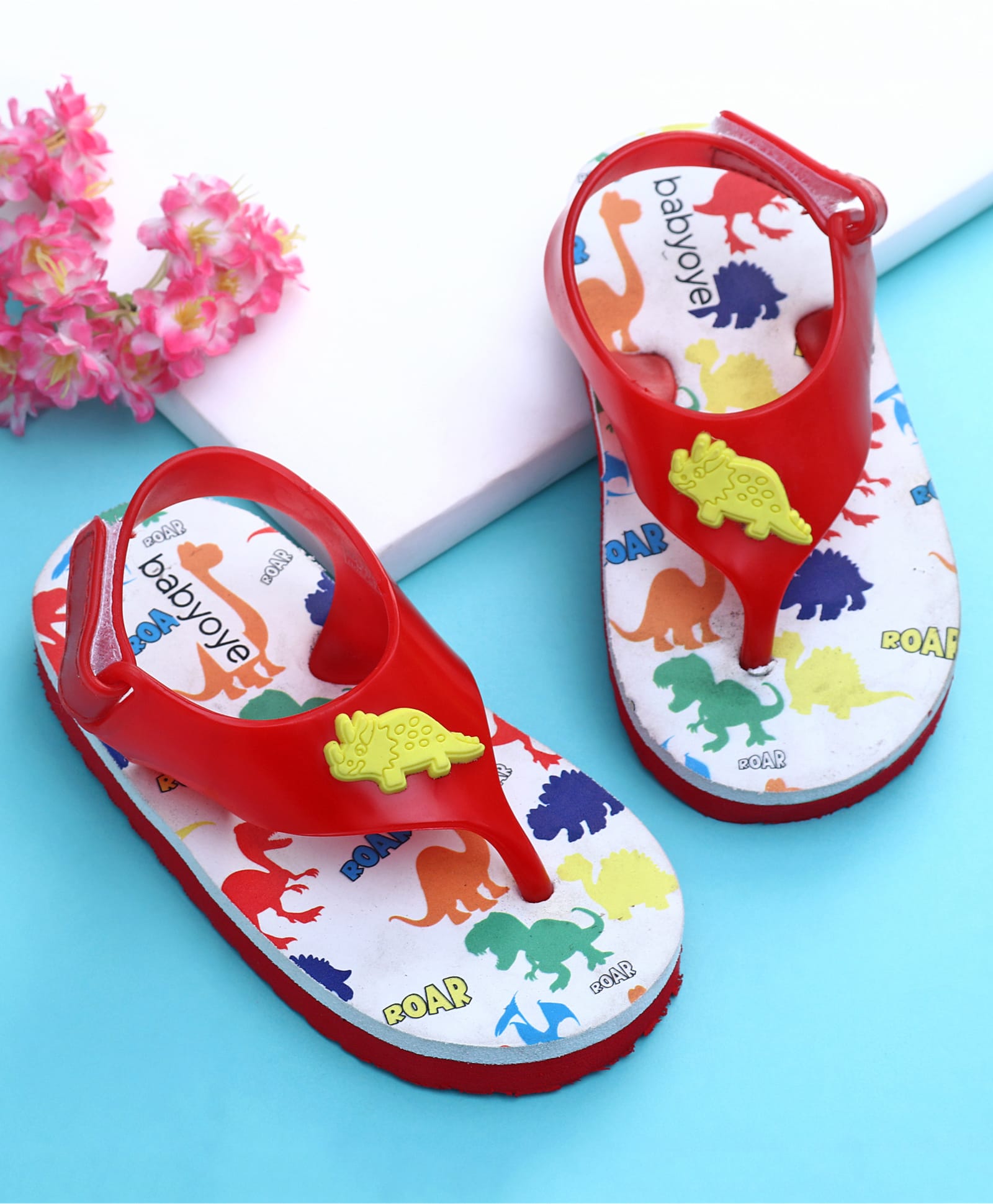 Babyoye Velcro Closure Flip Flop with Dino Print - Red-image-25