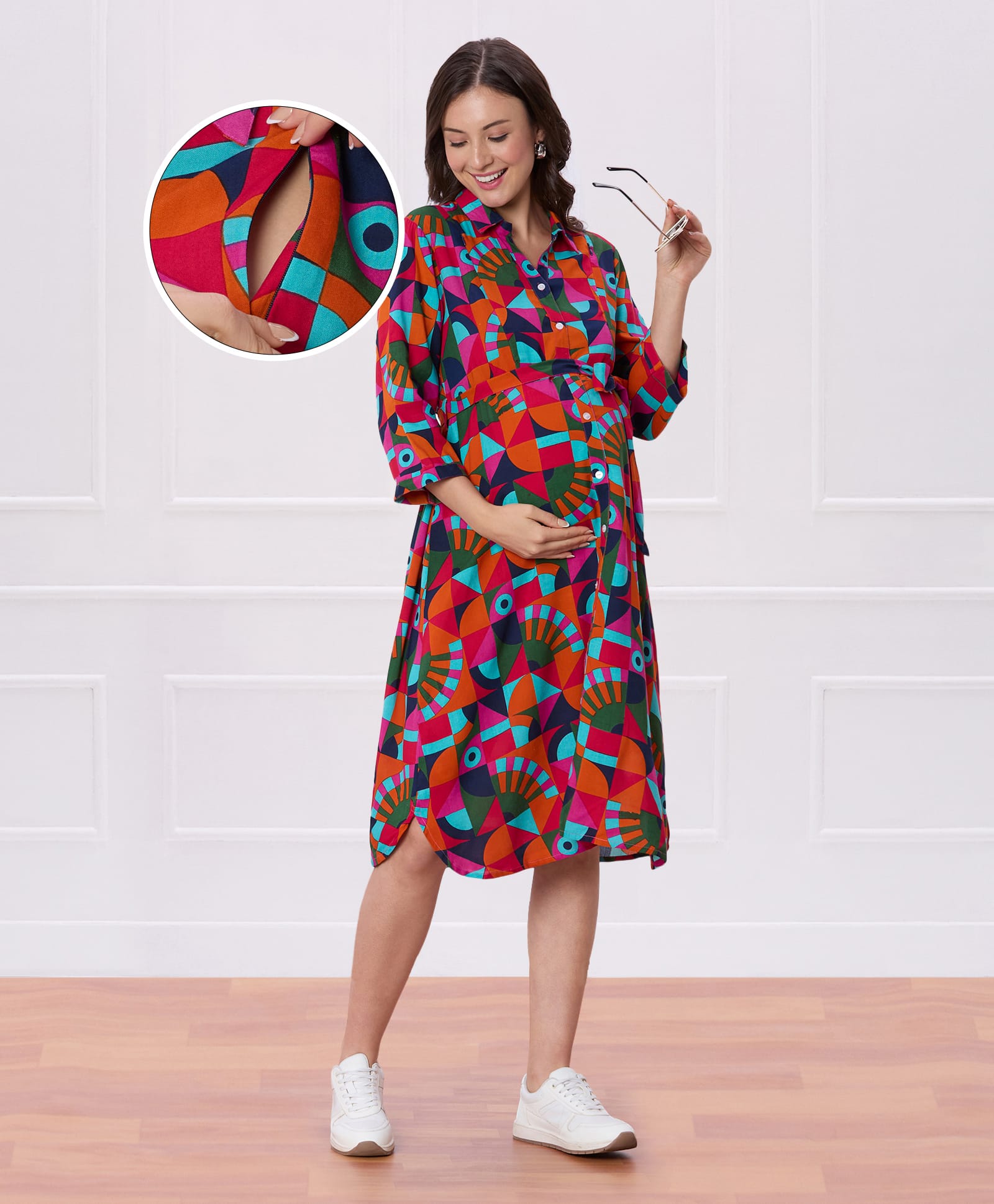 Bella Mama Woven Three Fourth Sleeves Shirt Maternity Dress With Abstract Print - Multicolour-image-30