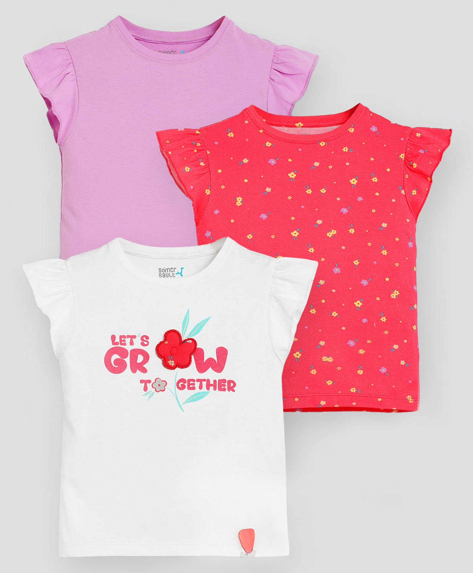 Somersault Cotton Pack Of 3 Cap Sleeves Floral Printed & Solid Tops - Multi Colour-image-17