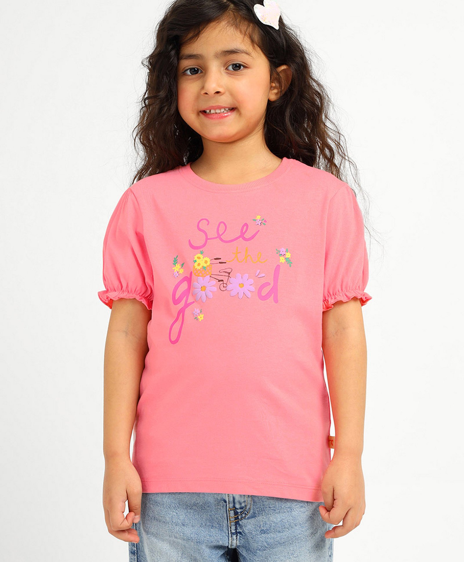 Somersault Cotton Half Sleeves See The Good Text Printed Top - Pink-picture-24