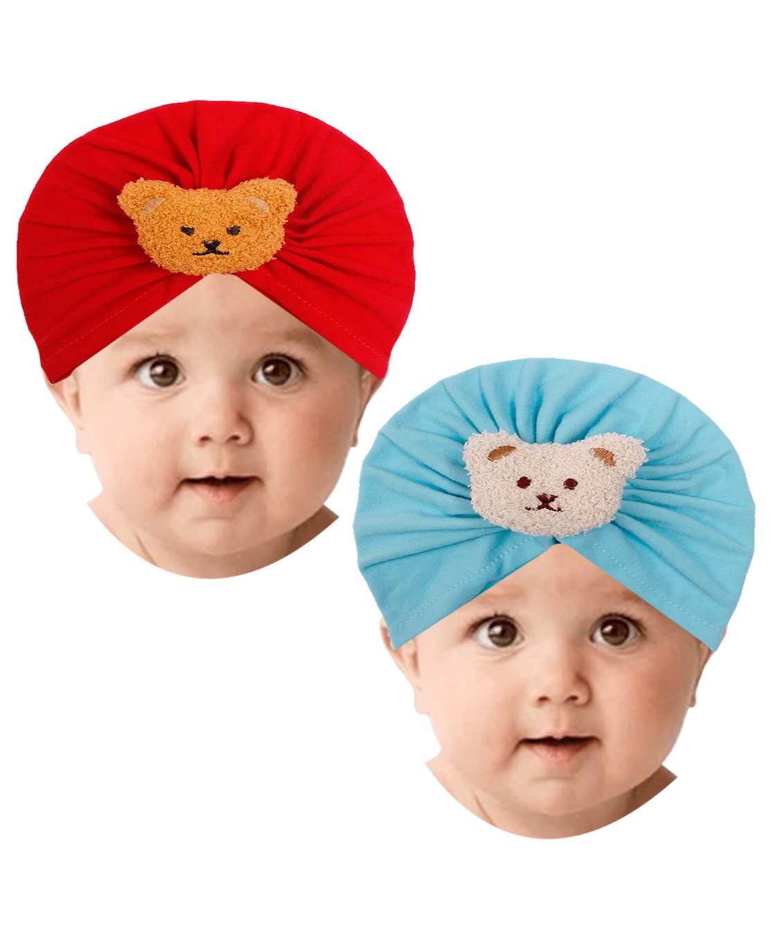 Babymoon Set Of 2 Stretchable Bear Designed Turban Caps - Red & Blue-picture-14