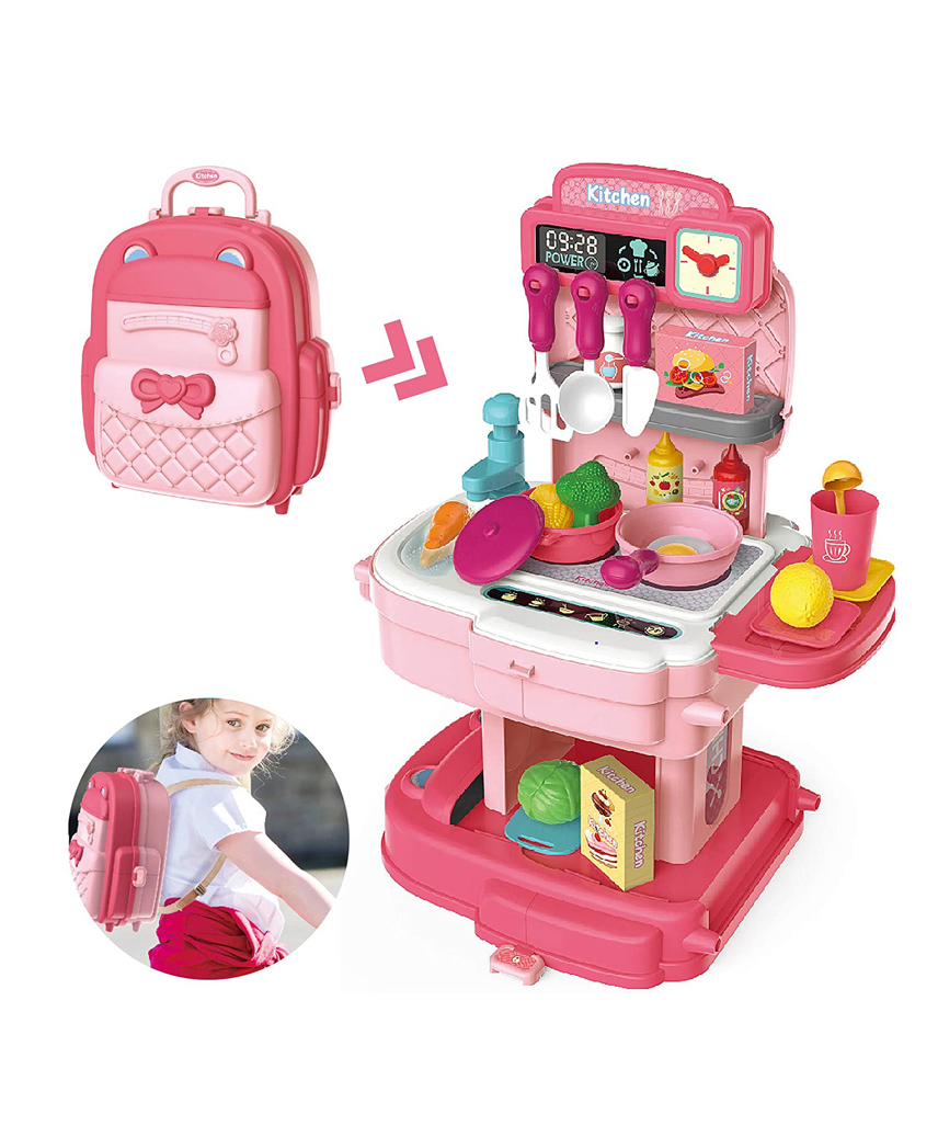 ADKD 2 in1 Portable School Bag Kitchen Pretend Playset for Kids Kitchen Playset with 34 Accessories - (Color May Vary)-picture-27