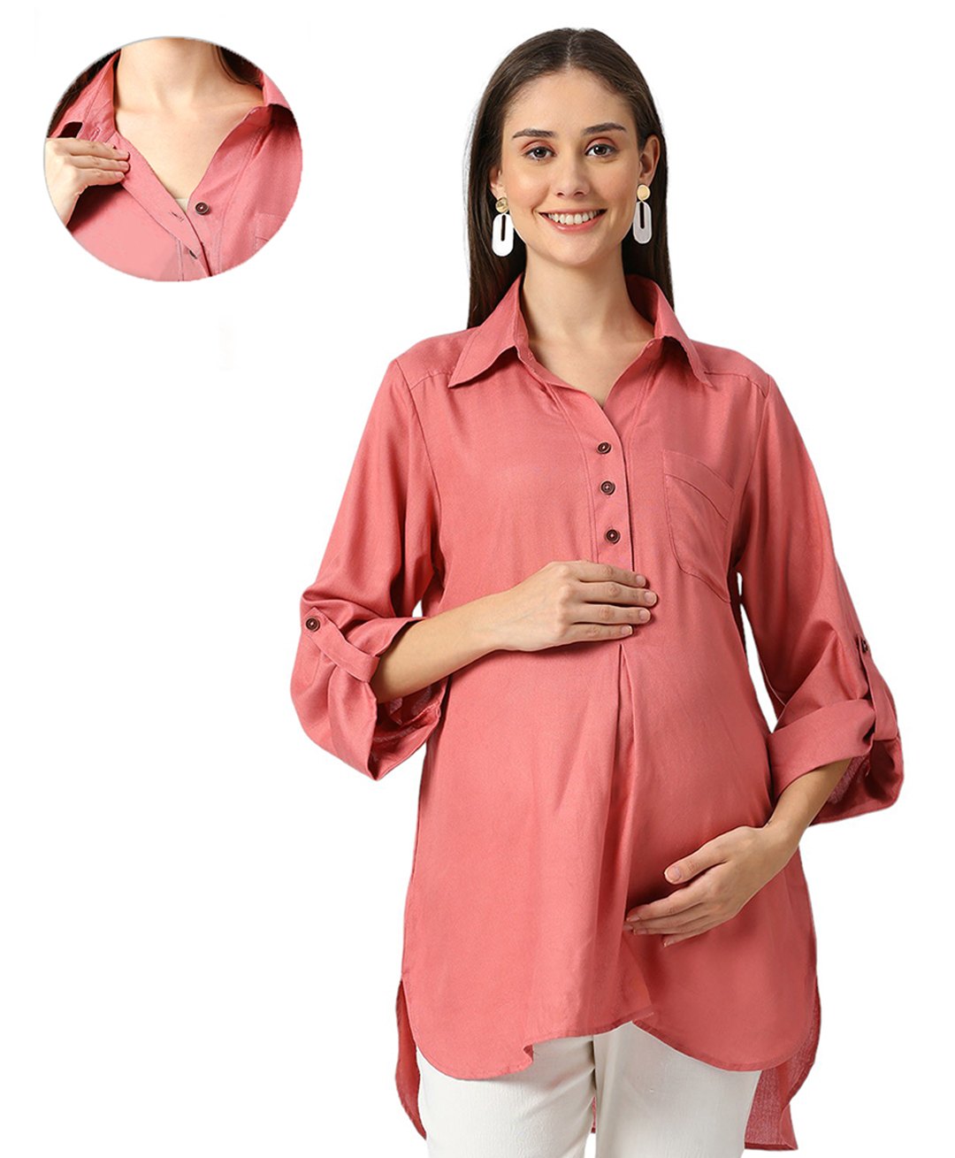Mom for sure by Ketki Dalal Rayon Woven Three Fourth Sleeves Solid Maternity Top With Front Open Nursing Access - Coral-picture-13