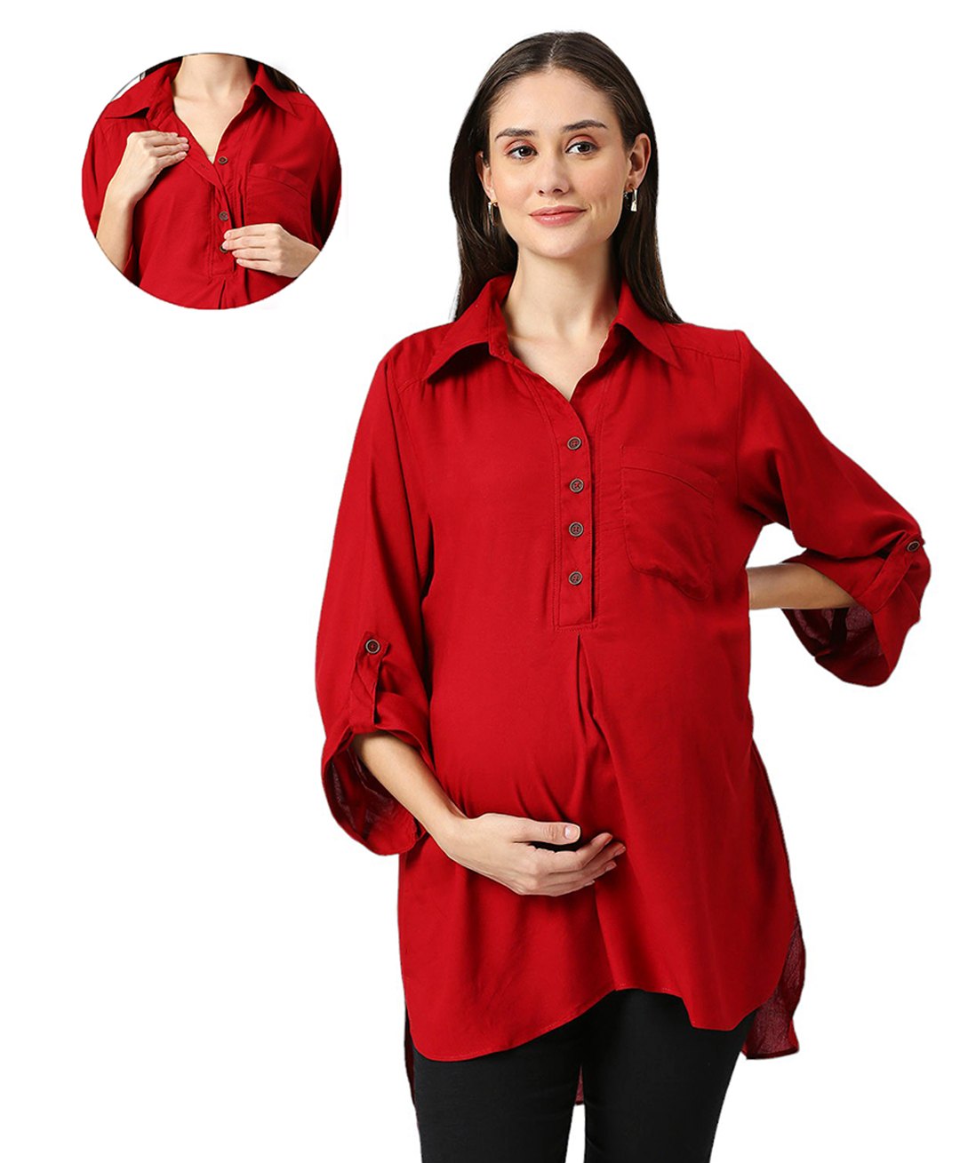 Mom for sure by Ketki Dalal Rayon Woven Three Fourth Sleeves Solid Maternity Top With Front Open Nursing Access - Maroon-picture-36