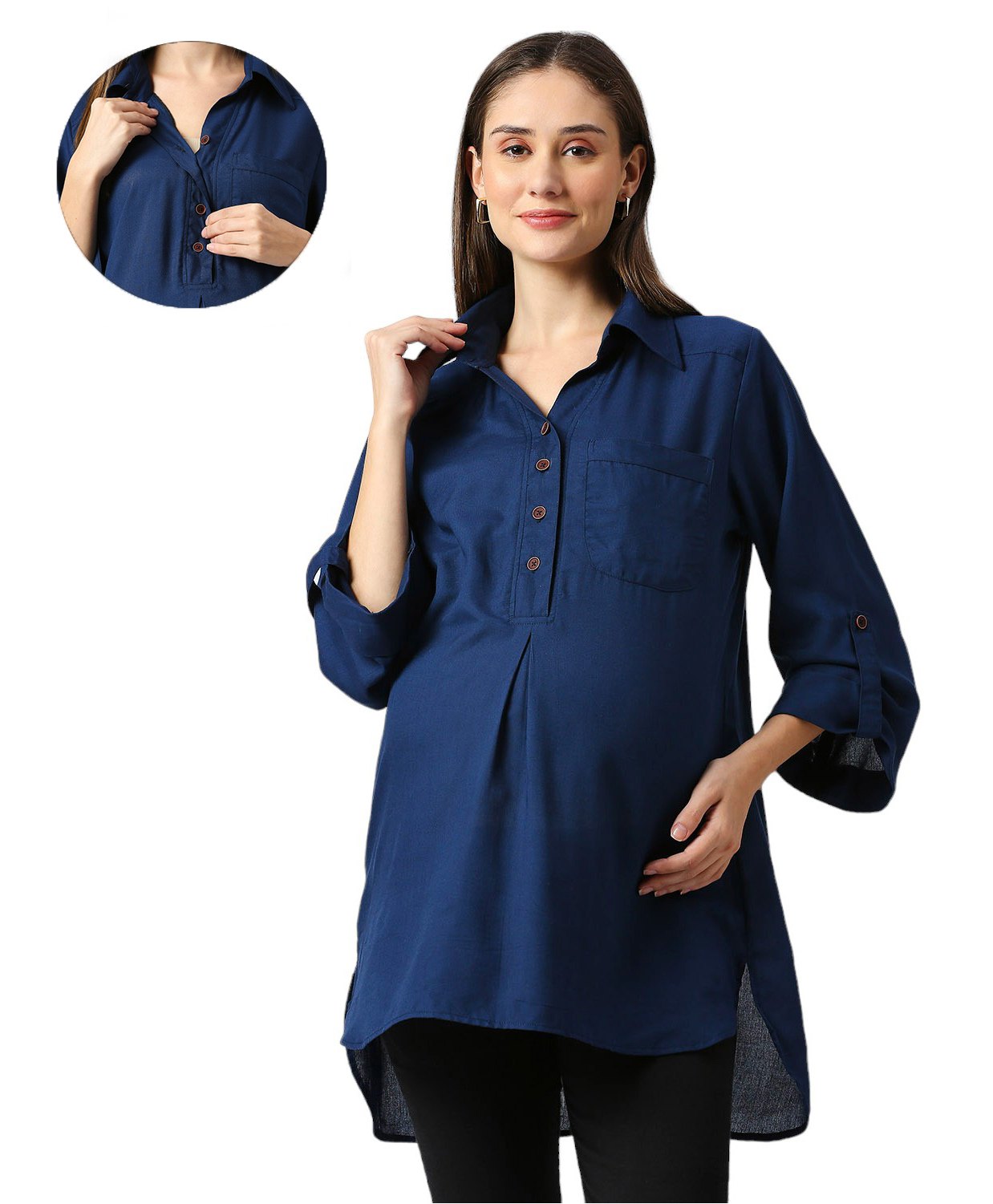 Mom for sure by Ketki Dalal Rayon Woven Three Fourth Sleeves Solid Maternity Top With Front Open Nursing Access - Navy Blue-image-19