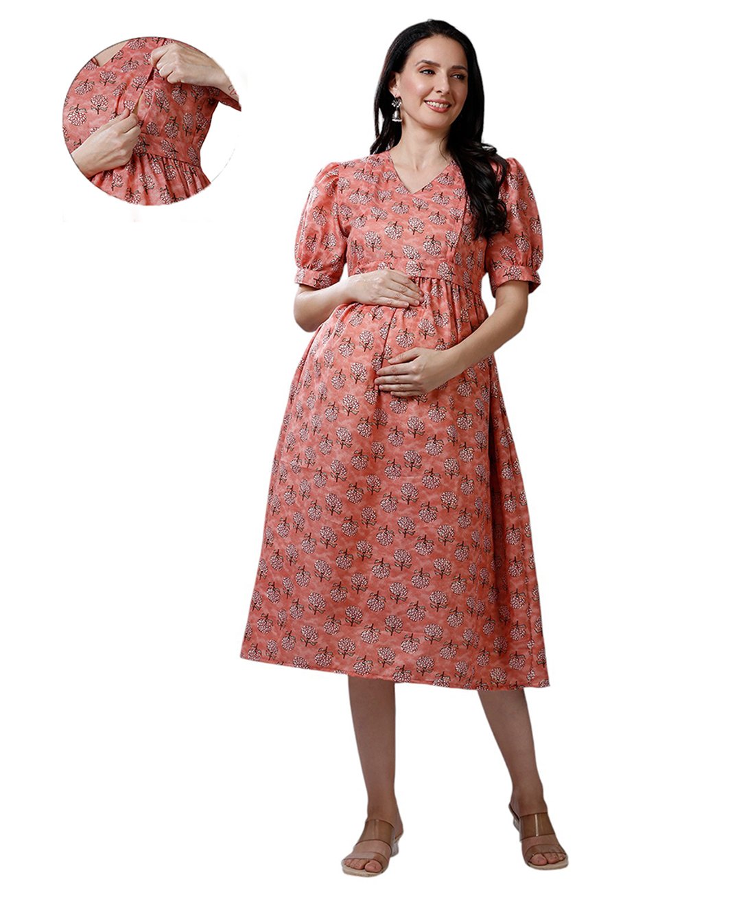 Mom for sure by Ketki Dalal Pure Cotton Woven Half Puffed Sleeves Floral Motif Printed Maternity Dress With Side Seam Nursing Access - Coral-image-19