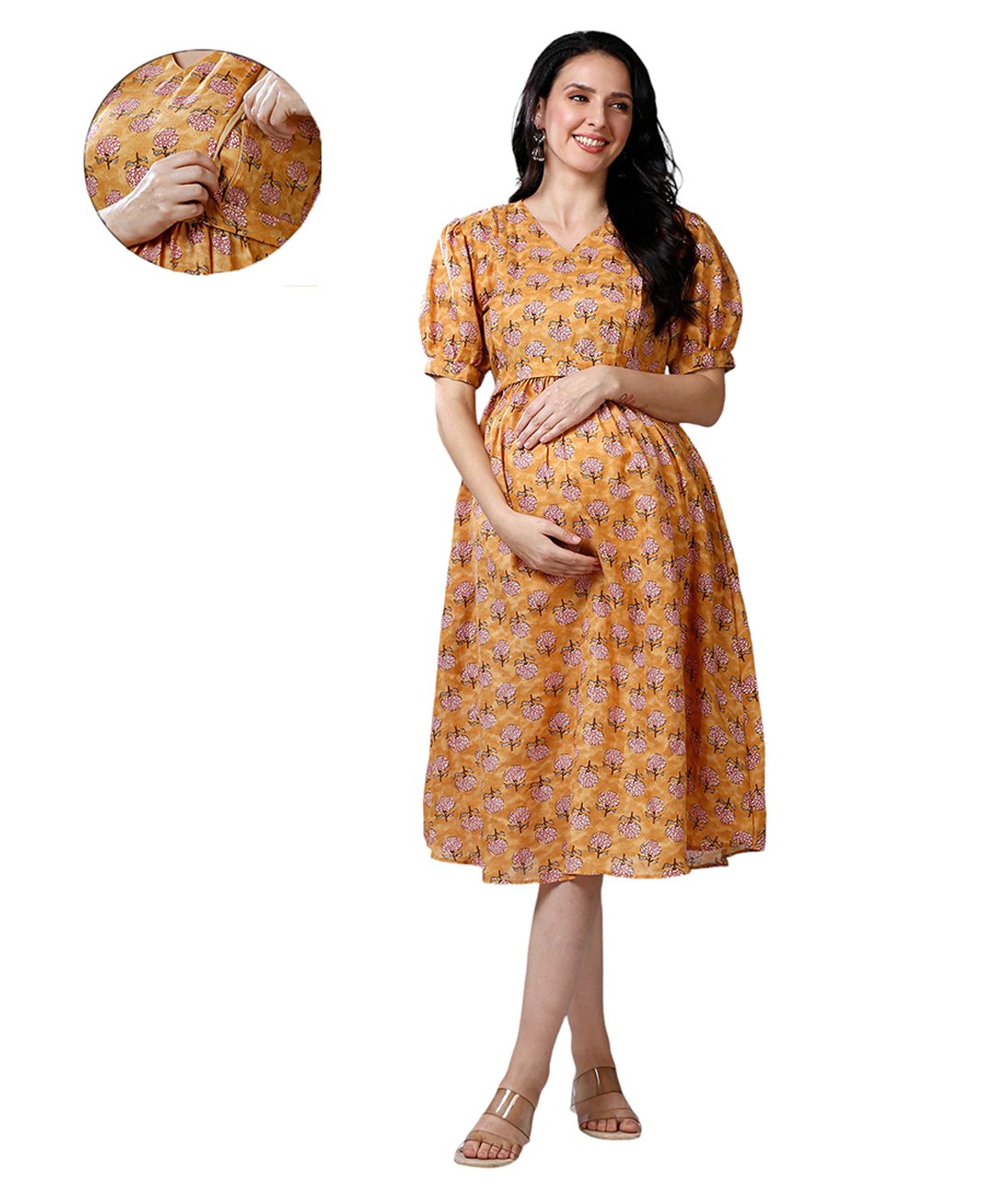 Mom for sure by Ketki Dalal Pure Cotton Woven Half Puffed Sleeves Floral Motif Printed Maternity Dress With Side Seam Nursing Access - Mustard Yellow-image-39