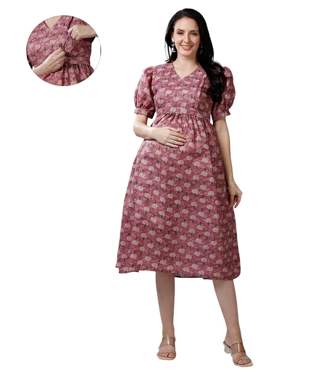 Mom for sure by Ketki Dalal Pure Cotton Half Puffed Sleeves Floral Motif Printed Maternity Dress With Side Seam Nursing Access - Purple-image-3