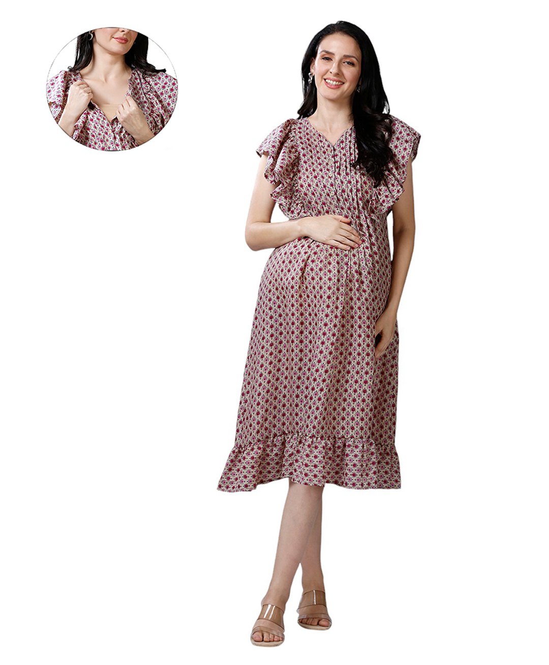 Mom for sure by Ketki Dalal Pure Cotton Sleeveless Floral Printed Maternity Dress With Front Open Nursing Access - Beige-image-41