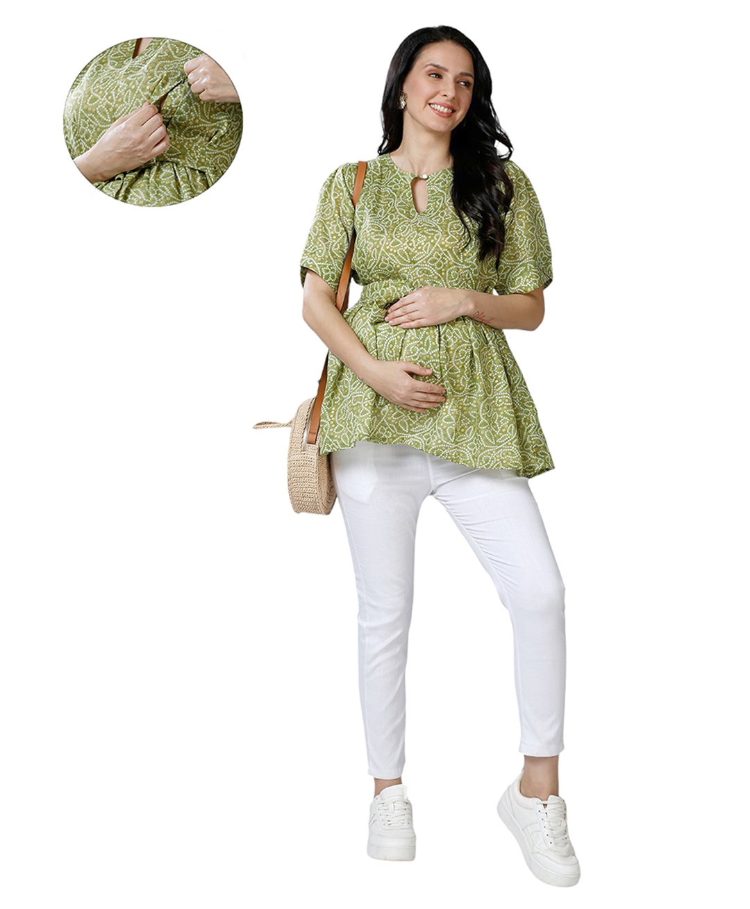 Mom for sure by Ketki Dalal 100% Cotton Woven Half Sleeves Bandhani Printed Maternity Top With Concealed Zipper Nursing Access - Light Green-picture-15