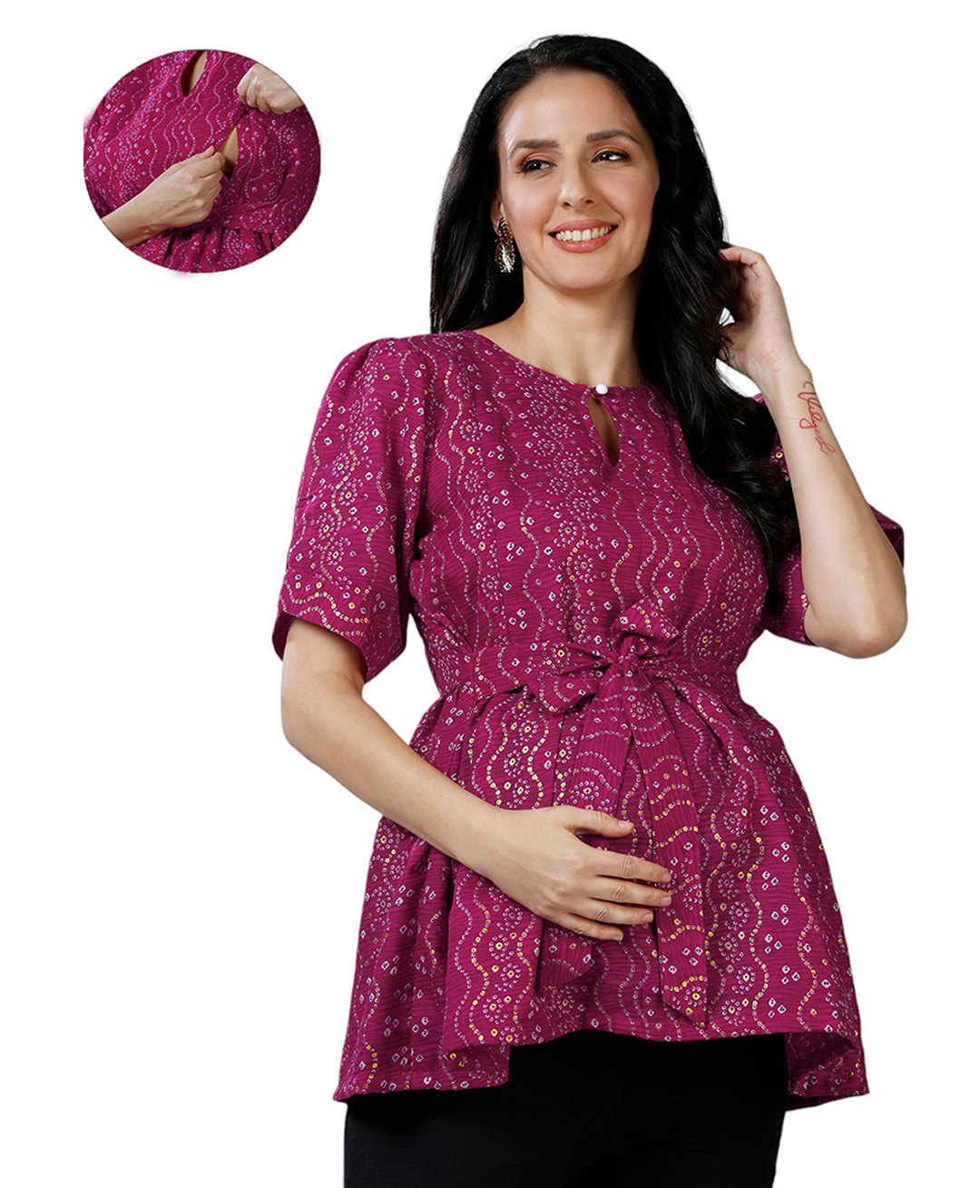 Mom for sure by Ketki Dalal 100% Cotton Woven Half Sleeves Bandhani Printed Maternity Top With Concealed Zipper Nursing Access - Pink-picture-16