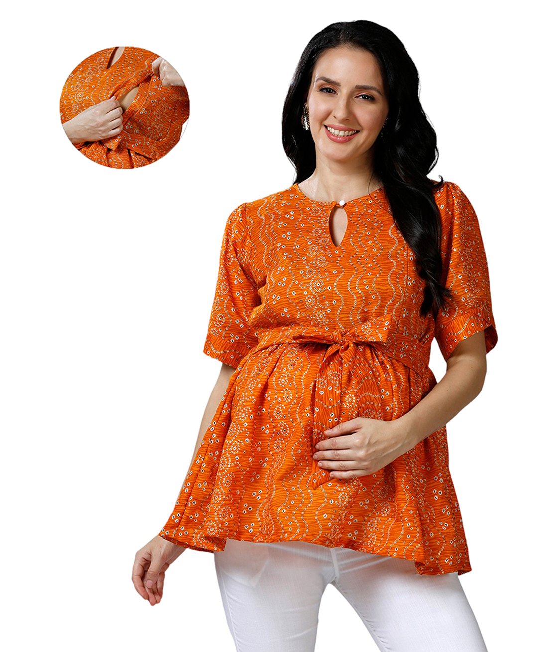 Mom for sure by Ketki Dalal 100% Cotton Woven Half Sleeves Bandhani Printed Maternity Top With Concealed Zipper Nursing Access - Mustard Yellow-image-17