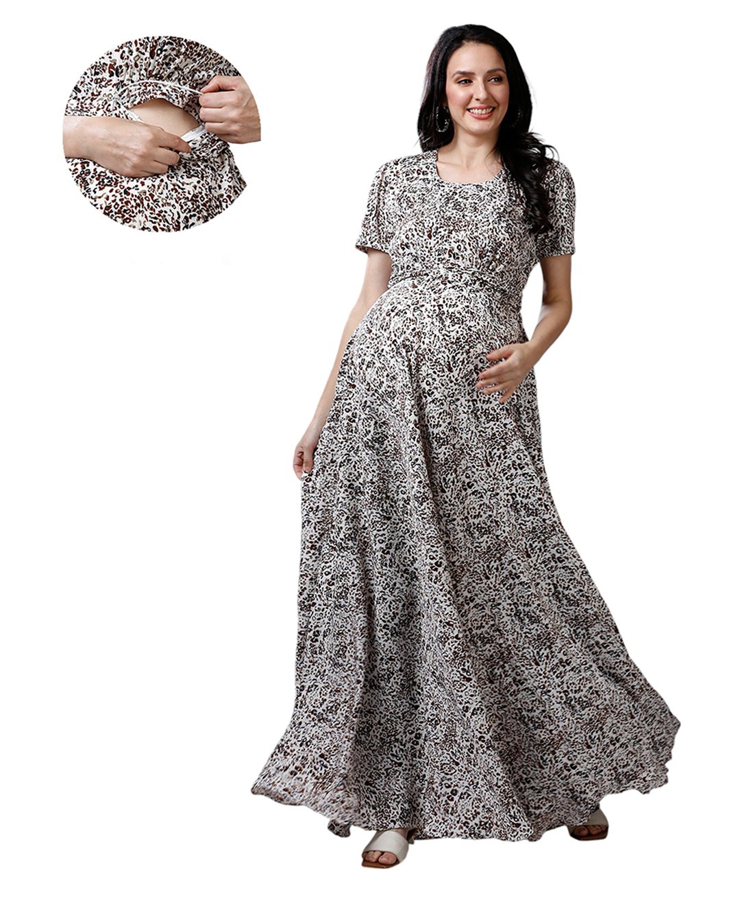 Mom for sure by Ketki Dalal Knitted Half Sleeves Leopard Printed Maternity Dress With Nursing Access - White-image-22