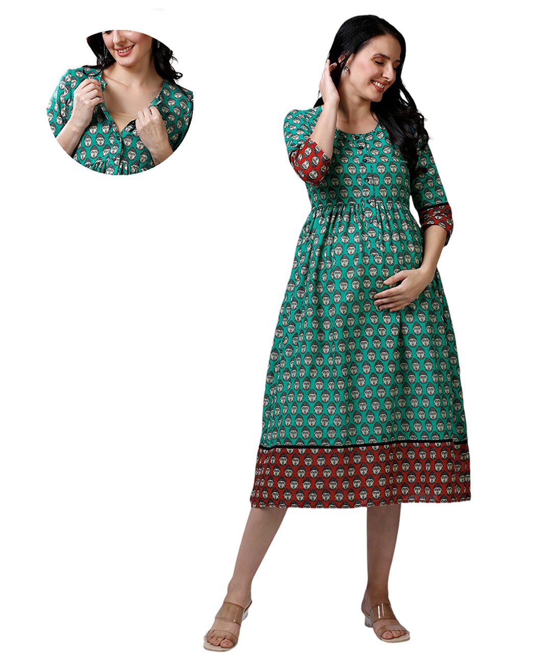 Mom for sure by Ketki Dalal Cotton Woven Three Fourth Sleeves Faces Printed Maternity Dress With Nursing Access - Green-image-42