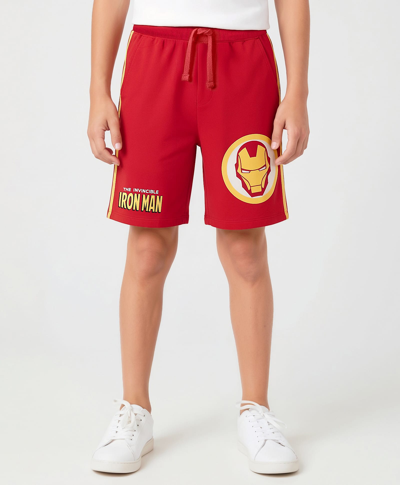 Pine Kids Marvel 100% Cotton Knee Length Shorts With Avengers Iron Man Graphics & Tape Detailing - Red-picture-17