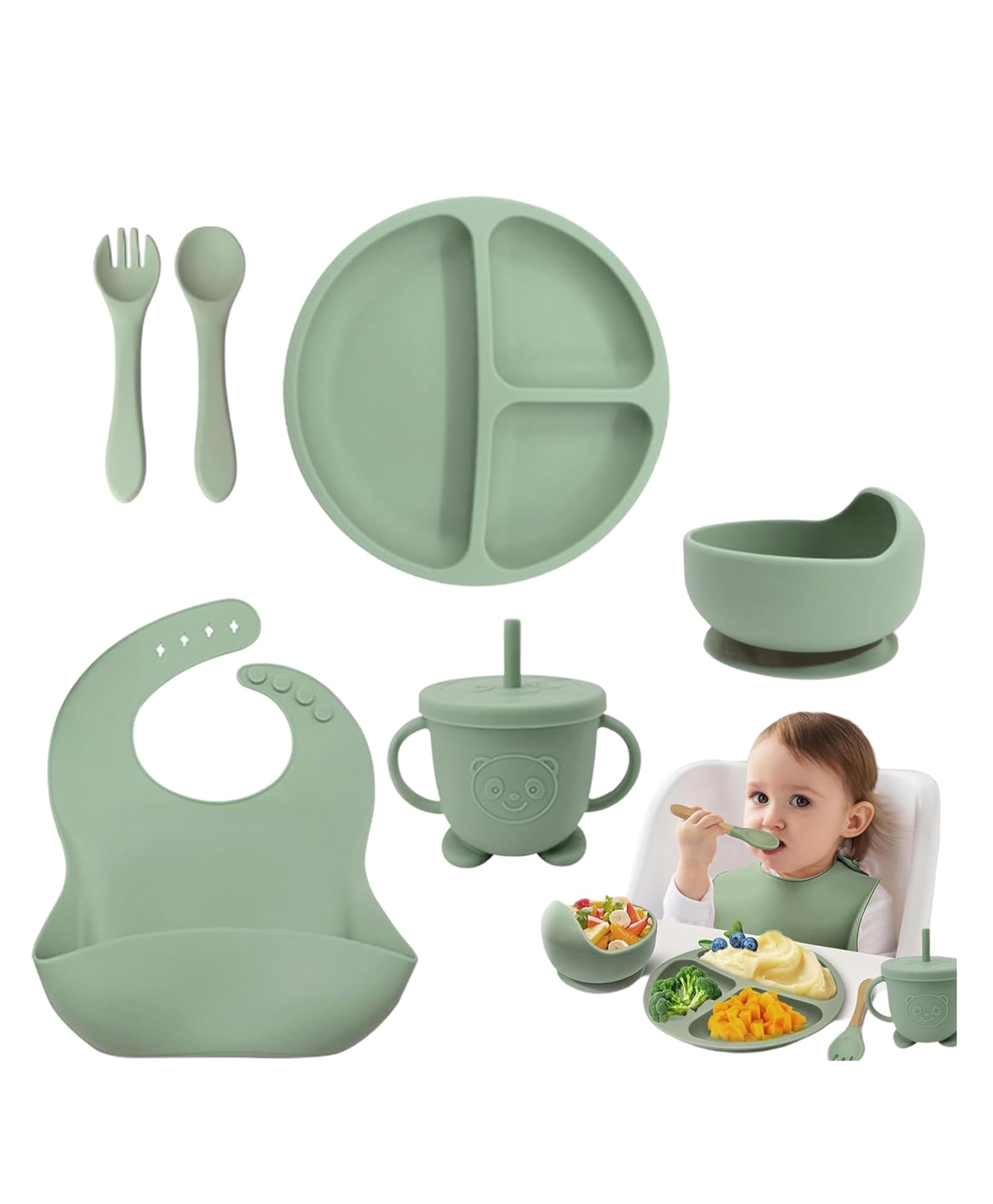 AEREX Silicone Baby Feeding Sets | Baby Weaning Set | Silicone Plate Set Suction Plates Solid for Baby & Toddler | Suction Bowl, Bib, Cup, Fork, and Spoon Cutlery Set for Babies and Toddlers (6 Pcs)-image-27