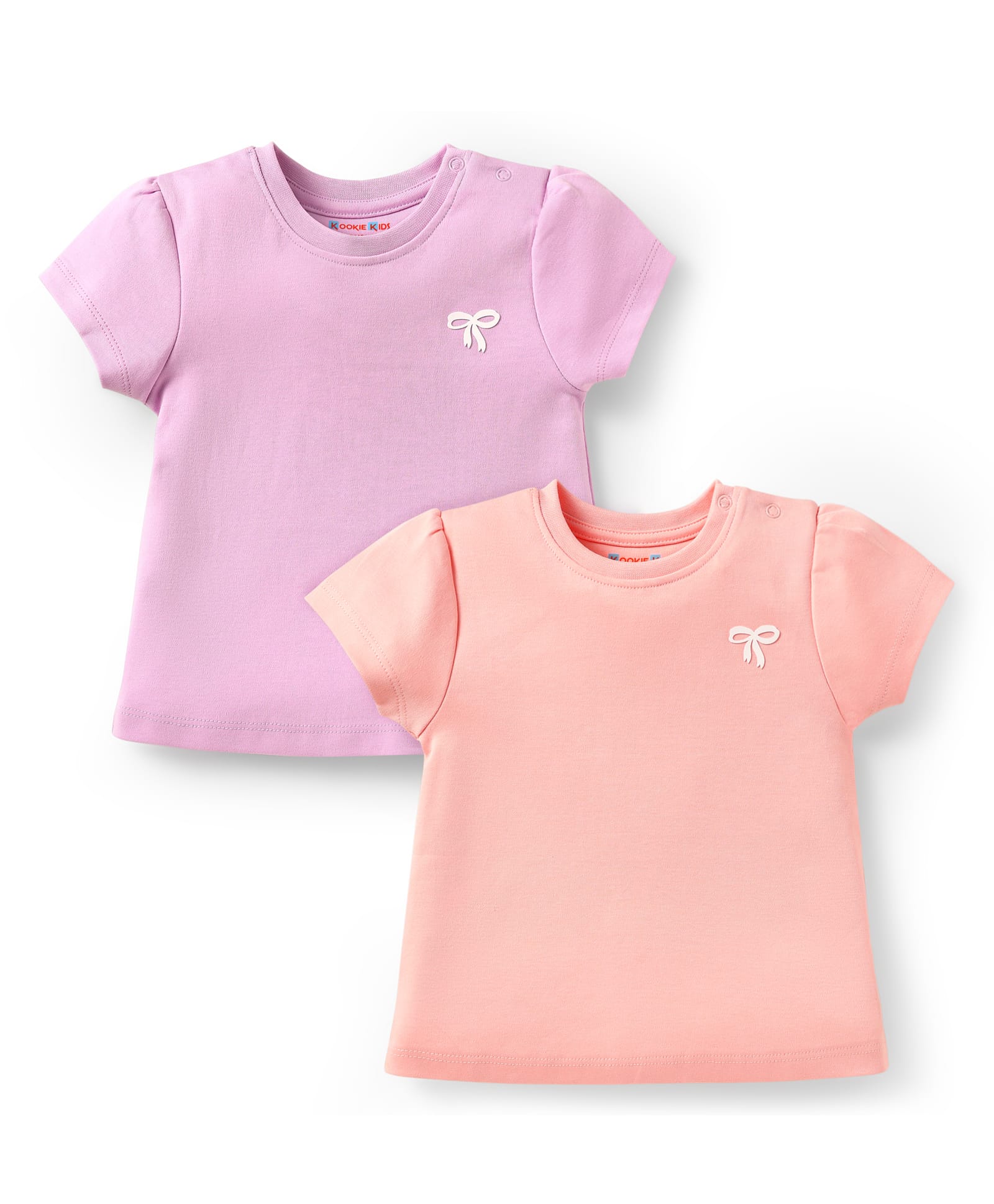 Kookie Kids Interlock Knit Half Sleeves T-Shirts with Bow Print Pack Of 2 - Mauve & Pink-image-35