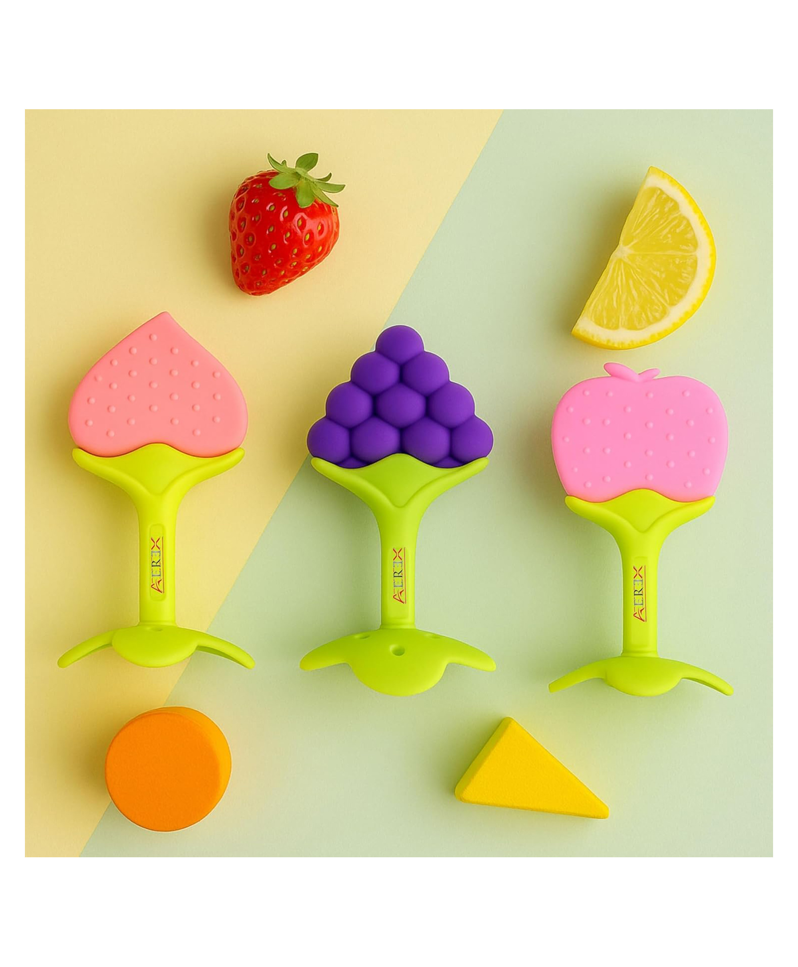 AEREX Premium Organic Fruit Teether Combo Nipple Teething for Newborn Babies, Pacifier Infant & Toddlers BPA Free Natural Teething Freezer Safe Baby Teethers 0 - 12 Months Assorted (Pack of 3)-image-12
