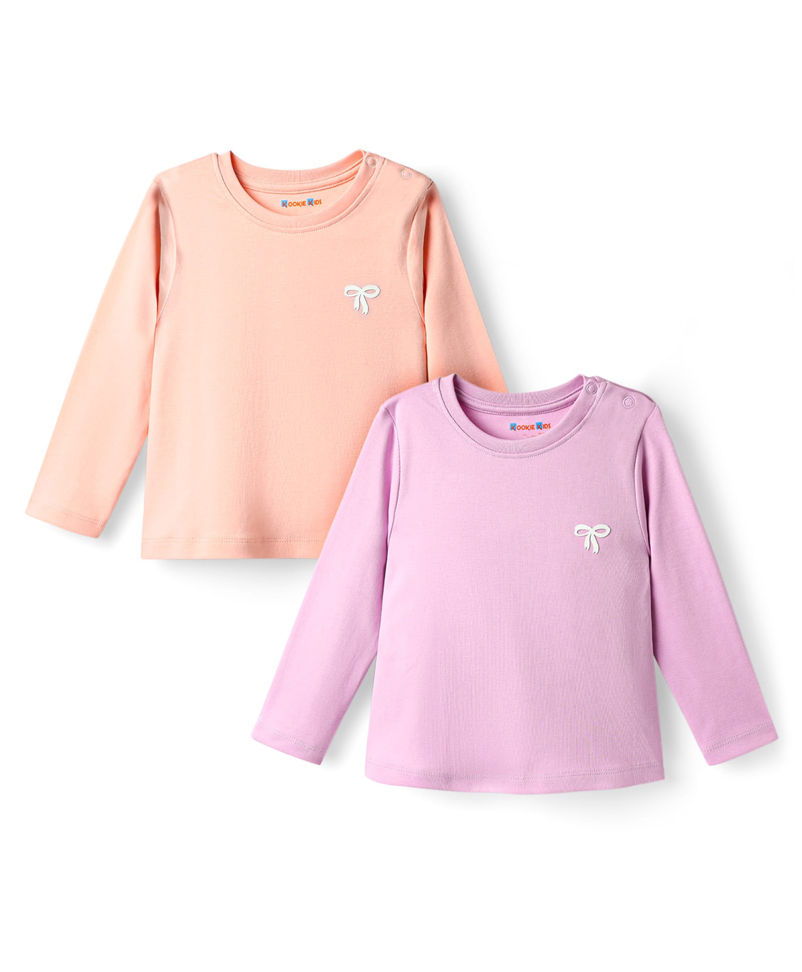 kookie kids india Kookie Kids Interlock Knit Full Sleeves T-Shirts with Bow Print Pack of 2 - Peach & Lavender-picture-16