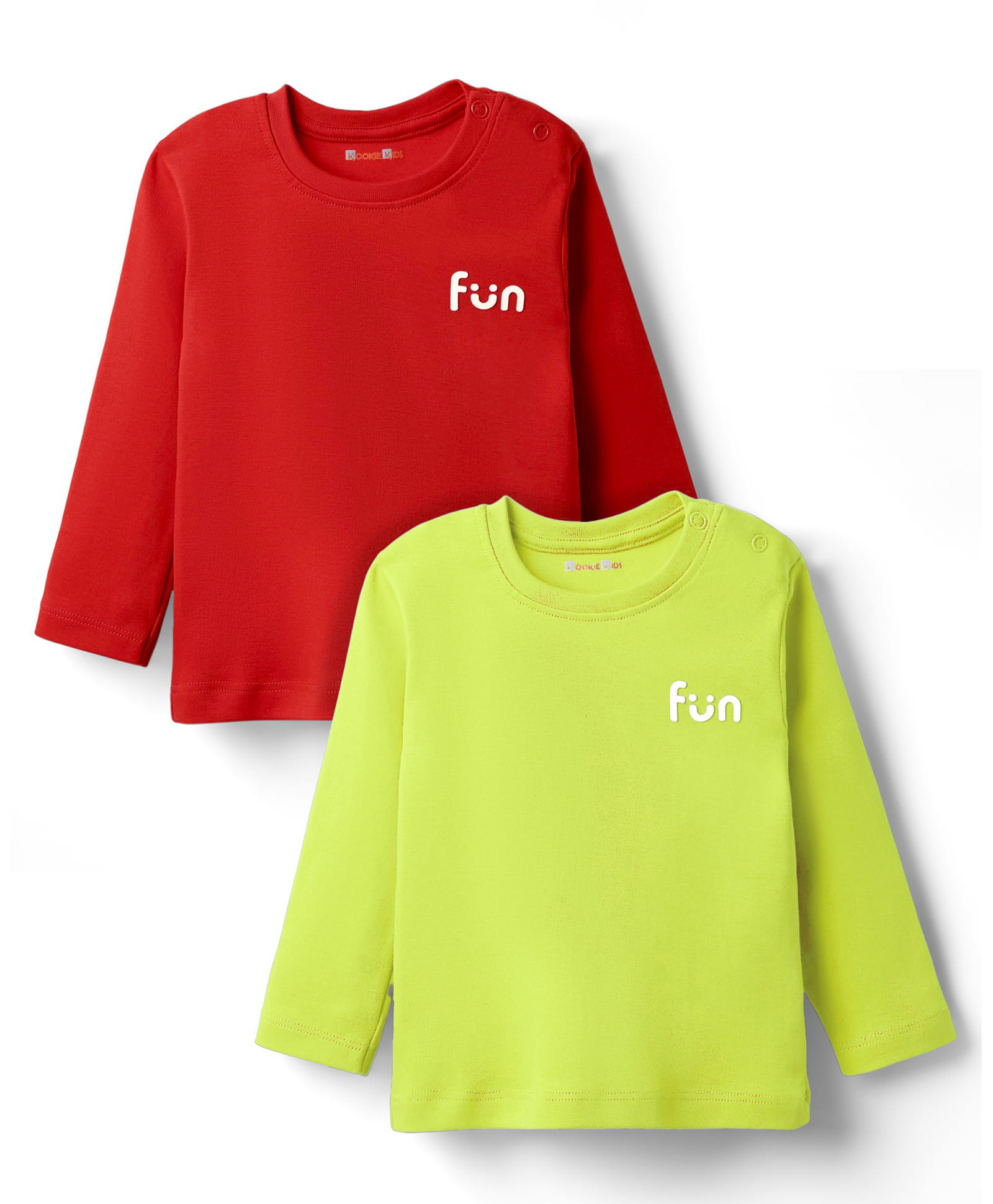 kookie kids india Kookie Kids Interlock Knit Full Sleeves T-Shirts with Text Print Pack of 2 - Dark Red & Neon Green-picture-15