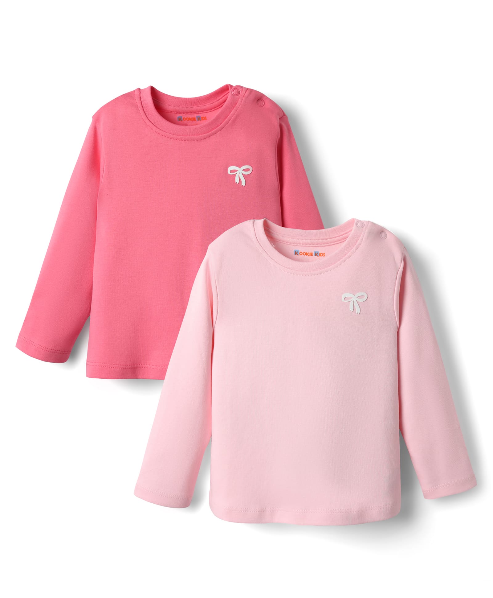 kookie kids india Kookie Kids Interlock Knit Full Sleeves T-Shirts with Bow Print Pack of 2 - Light & Dark Pink-picture-11