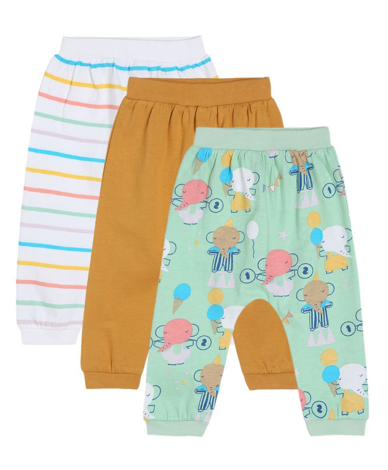 MINI KLUB Cotton Pack Of 3 Solid & Striped Pajamas - Multi Colour-picture-27