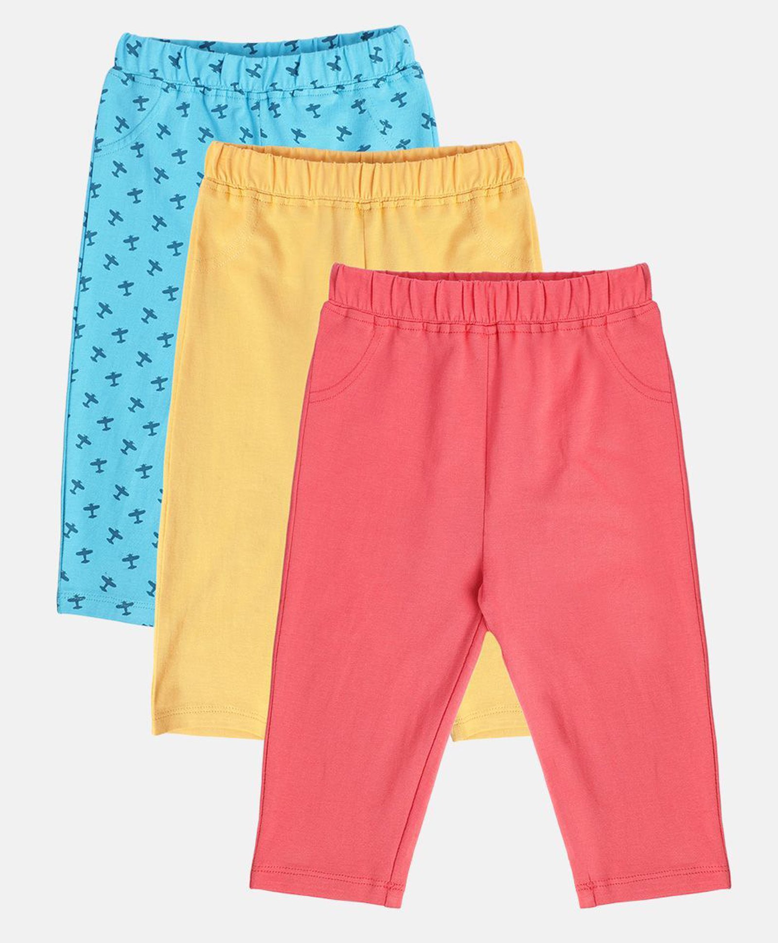 MINI KLUB Cotton Pack Of 3 Solid & Aeroplane Printed Pajamas - Multi Colour-picture-11
