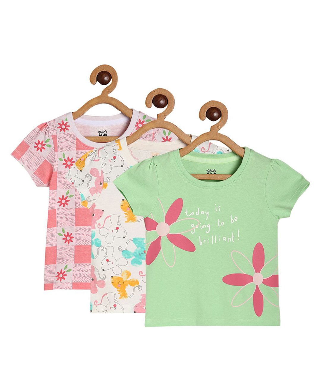 MINI KLUB Pack Of 3 Cotton Half Sleeves Floral & Mouse Printed Knit Tops - Multi Colour-picture-13