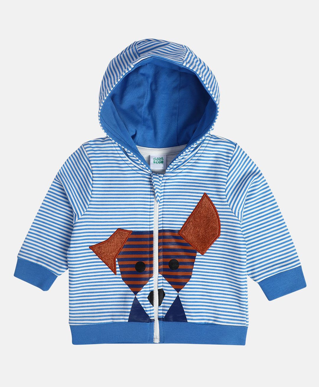 MINI KLUB Cotton Full Sleeves Dog Printed Striped Hooded Jacket - Blue-image-20