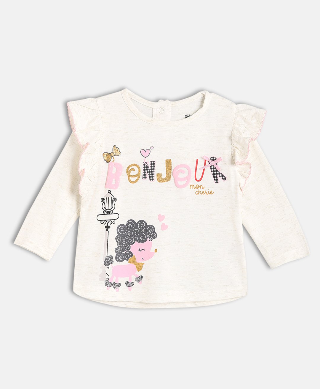 MINI KLUB Cotton Blend Full Sleeves Frill Detailed Bonjour Text Printed Knit Top - Off White-image-22